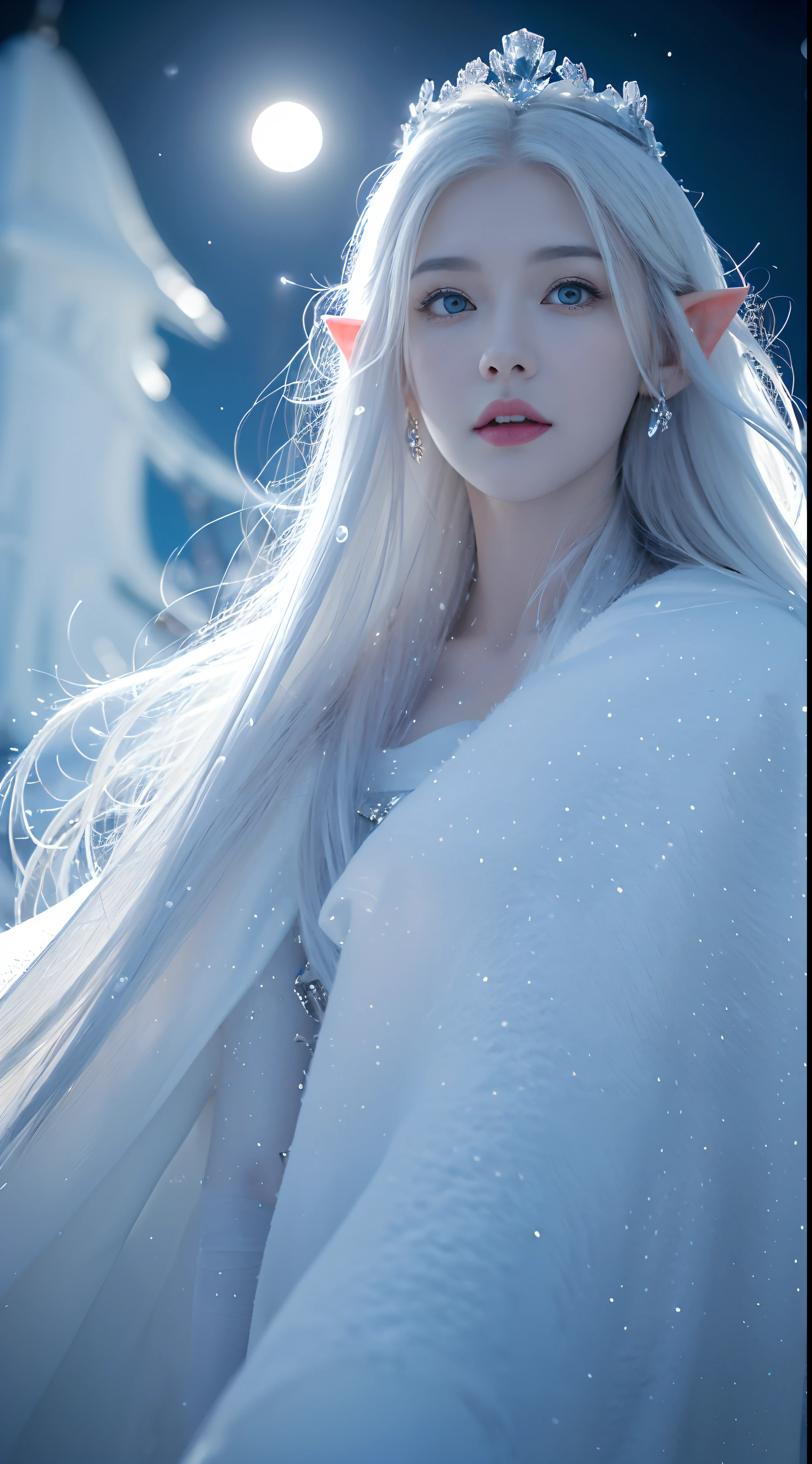 (( Elf girl with long white hair, blue eyes, good shape, long white dress, cape, ice crown, ice earrings )), (( Riding on the back of a large thick white-haired wolf Fierce, scary, majestic. )), full body image, Look at the camera., Front camera angle: Wild, Cold Weather, snow, snowfall, Snow droplets, Snow in the air, cinematic scene, Magic, Snow Magic, fantasy, mythology, decoration, diffused lighting, moon light, moon, (Ice magic on hand ), ( Release the ice from your hands. ), ( Ice aura around you ), ( Ice effect on the body ),