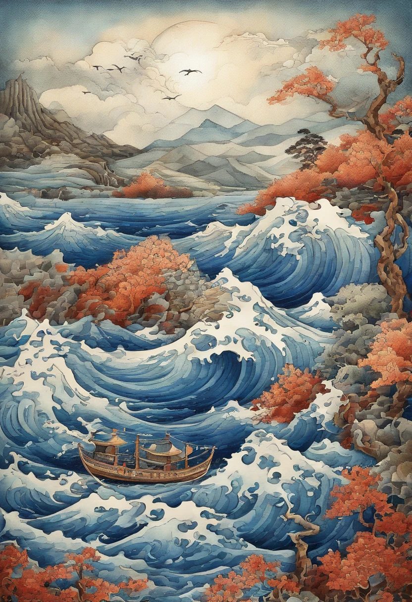 mosaic、hokusai style, style of hokusai, ukiyoe painting,Mosaic is strong、Not visible in mosaic、Pixel art、Artistically、Big wave、Raging Dragon 云