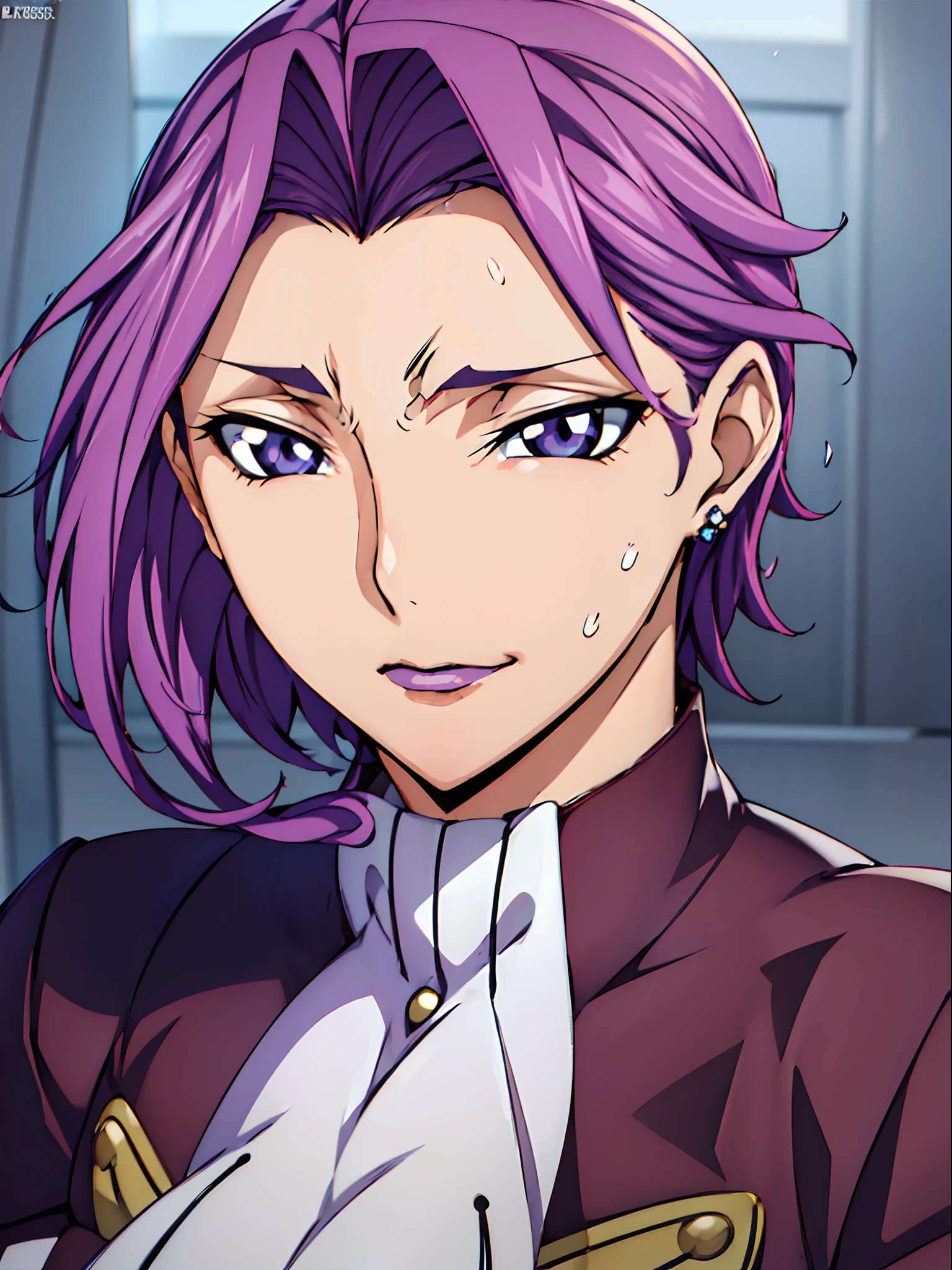Simple white background,
purple outfit,Military, Military uniform,
(((Purple hair))),Purple eyes, ((((straight Hair)))),makeup,
1 girl, 35yr old,milf,Beautiful Finger,Beautiful long legs,Beautiful body,
Beautiful nose,Beautiful character design, Perfect eyes, Perfect face,Expressive eyes,Perfect balance,
Looking at Viewer,(Focus on her face),Closed mouth, (Innocent_Big_Eyes:1.0),(light_Smile:0.3),
Official art,Highly detailed CG Unity 8k wallpaper, Perfect Lighting,Colorful, Bright_front_Face_Lighting,White skin,
(masutepiece:1.0),(best_quality:1.0), 超A high resolution,4K,Ultra-detailed,
Photography, 8K, nffsw, hight resolution, absurderes:1.2, Kodak Portra 400, Film grain, Blurry background, Bokeh:1.2, Lens Flare, (Vibrant_Color:1.2),professional photograpy,
(Beautiful,breasts:1.0), (Beautiful_Face:1.5),(narrow_waist),(((((((((very_short_back_hair))))))))),((((diamond_earrings)))), ((((((hair slicked back))))))
