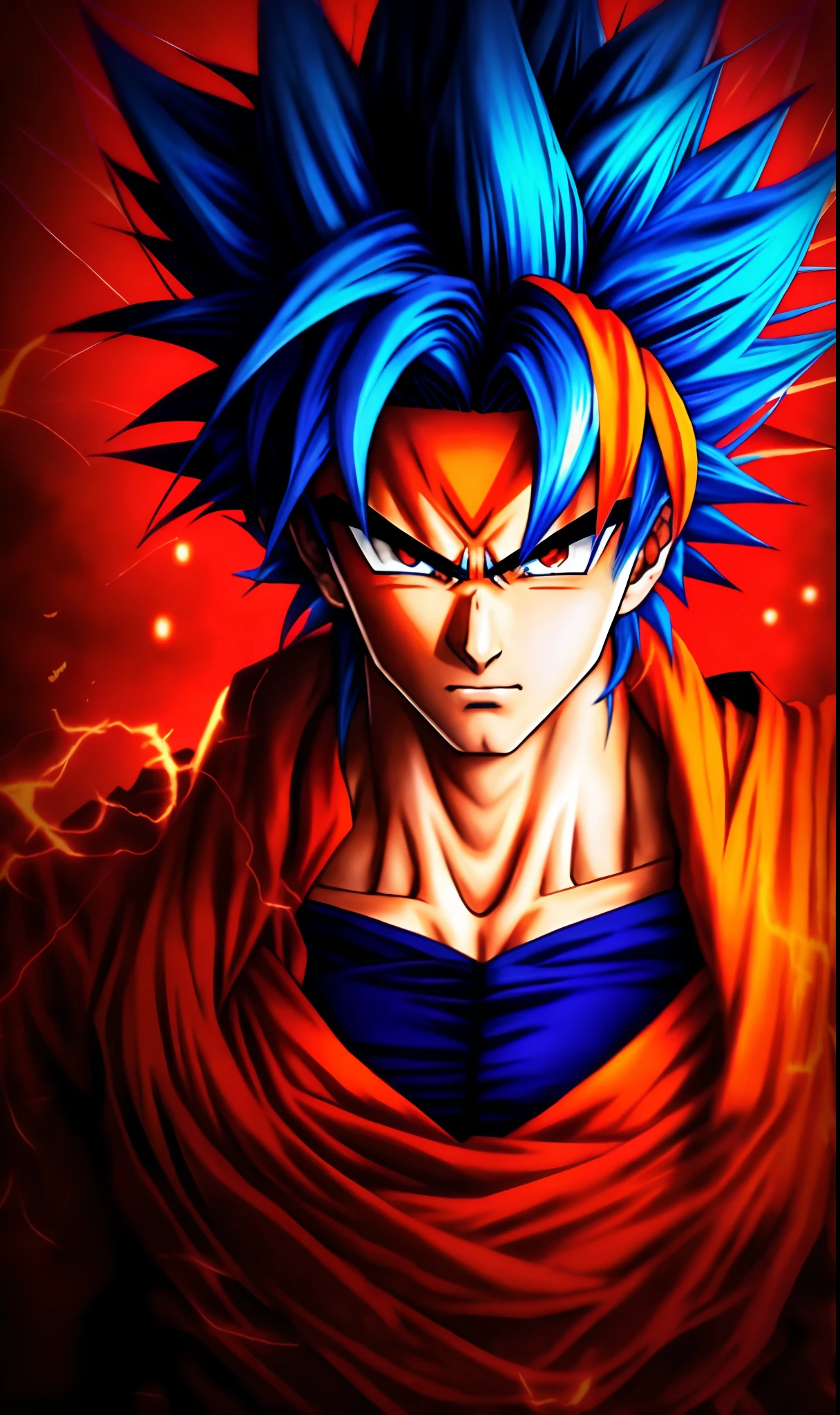 a close up of a person with a blue hair and a red scarf, goku portrait, badass anime 8 k, highly detailed portrait of goku, anime style 4 k, portrait of goku, human goku, ultra instinct, 4 k manga wallpaper, photorealistic human goku, son goku, advanced anime digital art, anime epic artwork, fan art, epic anime style