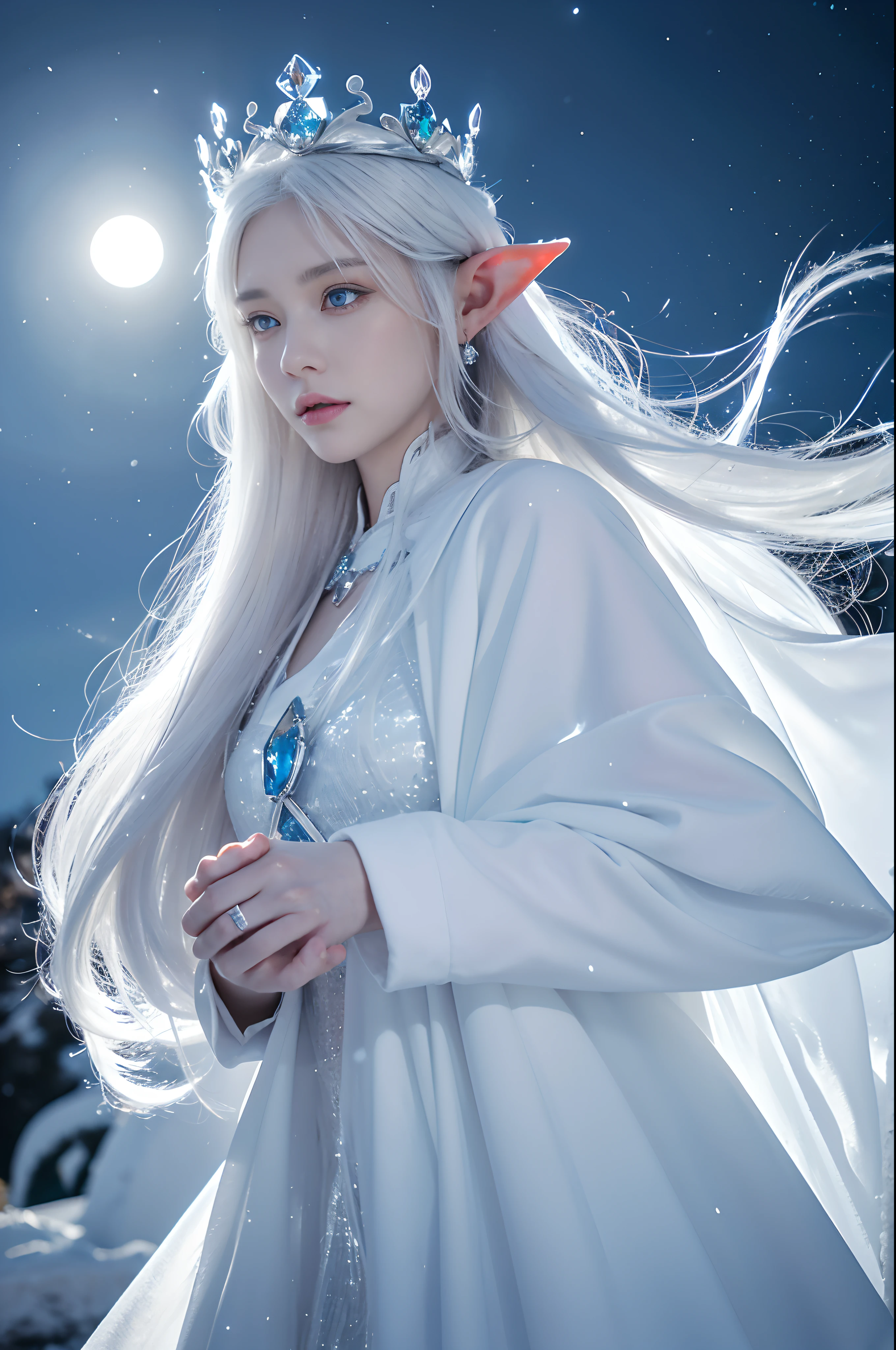 (( Elf girl with long white hair, blue eyes, good shape, long white dress, cape, ice crown, ice earrings )), full body image, Look at the camera., Front camera angle: Wild, Cold Weather, snow, snowfall, Snow droplets, Snow in the air, cinematic scene, Magic, Snow Magic, fantasy, mythology, decoration, diffused lighting, moon light, moon, (Ice magic on hand ), ( Release the ice from your hands. ), ( Ice Power ), (Unleash the power ), ( Ice aura around you ), ( All-around power aura ), ( Ice effect on the body ),