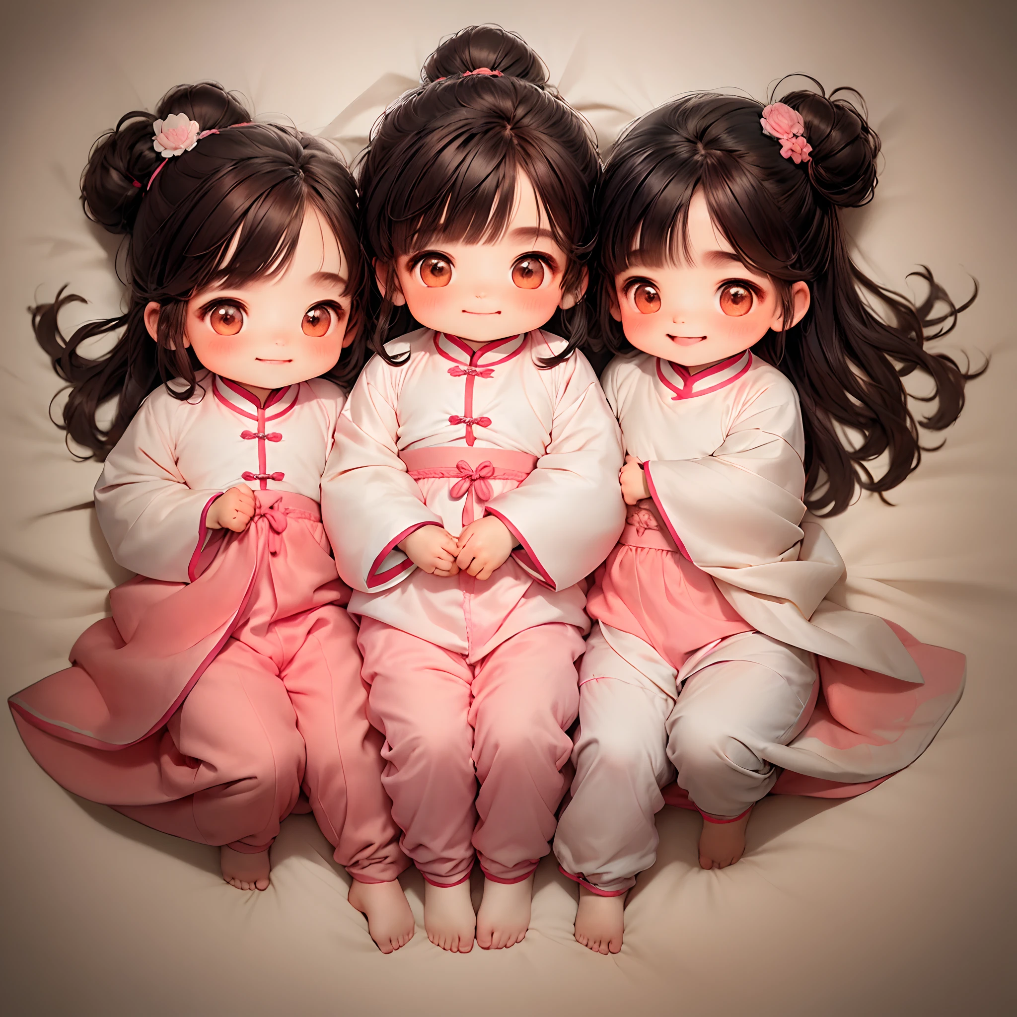 Ultra HD details,Need,Exquisite facial features,A boy with,one-girl,Two happy human babies lying on the bed,having fun,Cute Chinese style Q version baby,Colorful clothes,Pink and white clothes,The clothes were decorated with gold,sibling