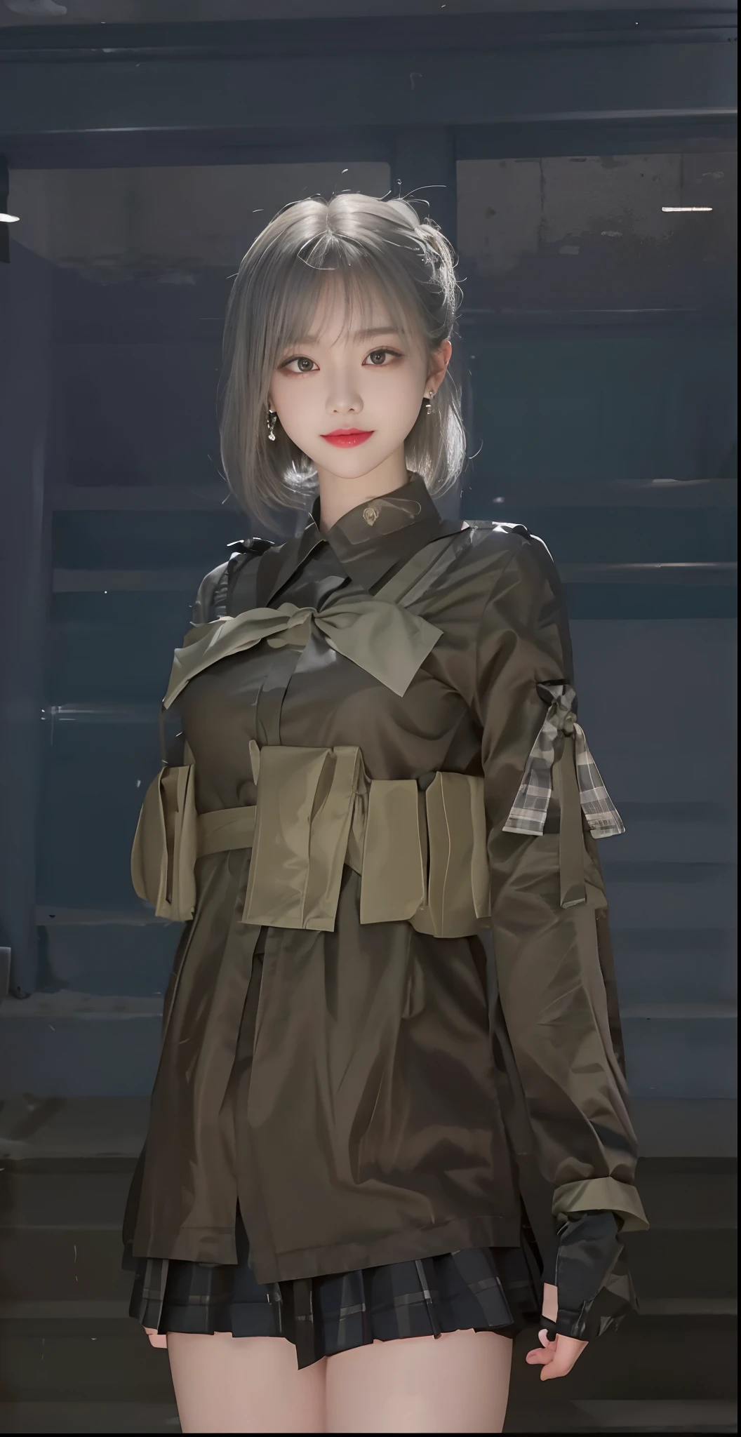 Gray eyes, Korean school uniform, summer school uniform shirt, ribbon tie, skirt, bright blonde, school stairs, going down school stairs, chest thrusting pose, chest bragging pose, 8k raw photo, high resolution, cool Korean at 16 years old, very big round breasts, beautiful eyes in detail, long eyelashes, beautiful double eyelids, eyeshadow, eyeliner, slender eyes, elongated eye shape, Sanpaku eyes, evil smile, evil look, beautiful very thin legs, beautiful very thin thighs, random medium hair, hair tied behind the head, earrings,