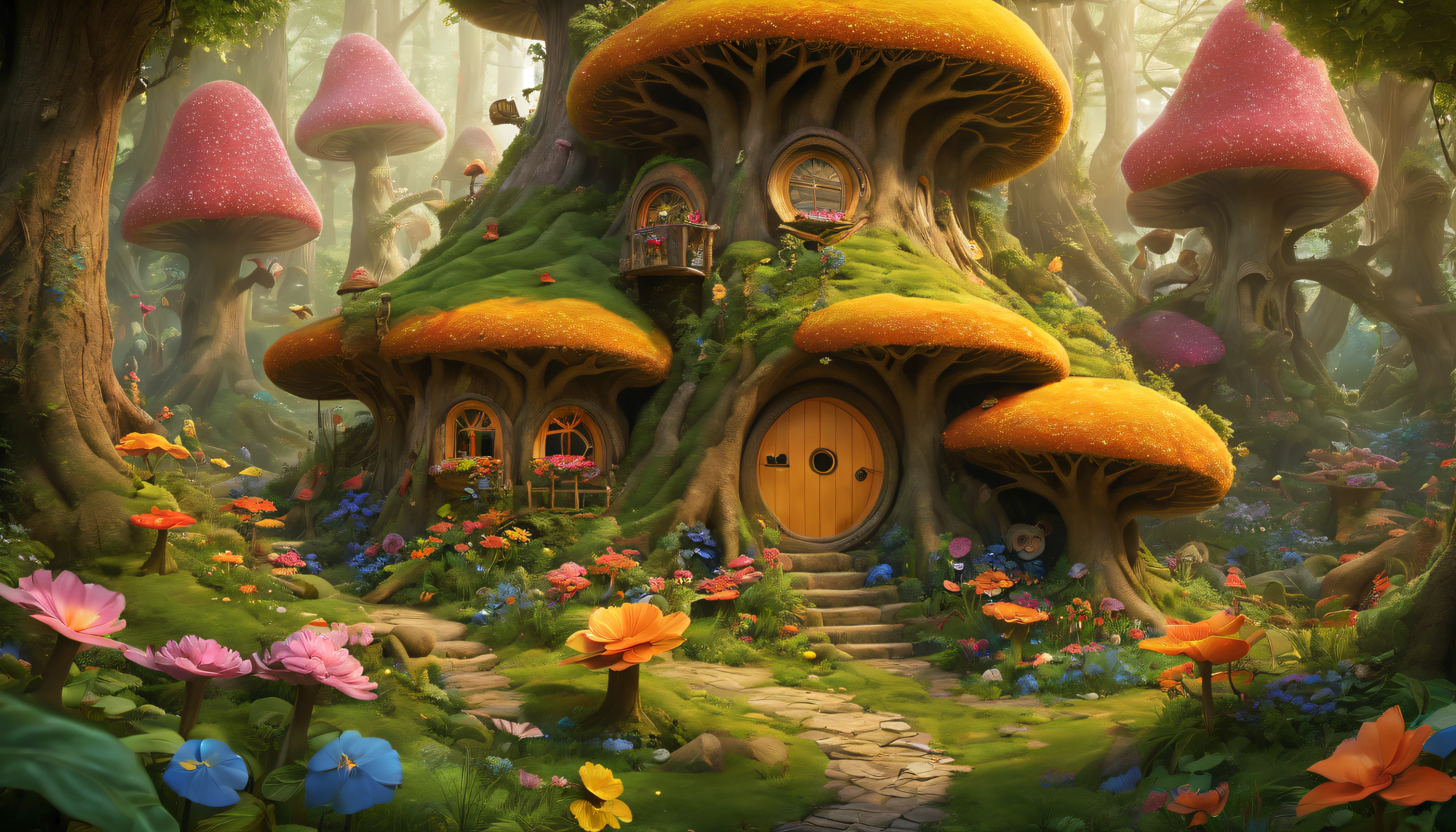 (Mysterious fantasy forest，Dense trees，A strange and cute little tree:1.5)，Hobbit Cottage, It is vividly depicted in the work (Best quality, 8K, Advanced resolution, Masterpiece: 1.2), With ultra-detailed detail， (1.4x realism, Photorealistic: 1.37). This dream forest is made up of bright colors，bathed in the warm glow of the sun, Create a cheerful and whimsical atmosphere. The house is designed with great attention to detail, With a complex design and unique architecture, Similar to a mushroom-shaped house。 (This fantastic forest is surrounded by lush greenery and colorful flowers), Elevate a captivating and magical environment。 The artwork showcases an illustrative style, Inspired by children's book illustrations, Ensures a glamorous and nostalgic touch. The color palette consists of bright rainbow colors, Seven colors，Evoke feelings of joy and playfulness. Lighting accentuates the picturesque scene, Soft and warm shadows are created，Adds depth and warmth to the artwork. Every detail is impeccablely presented, creating a visually stunning masterpiece，Capture the essence of Fantasy Forest.