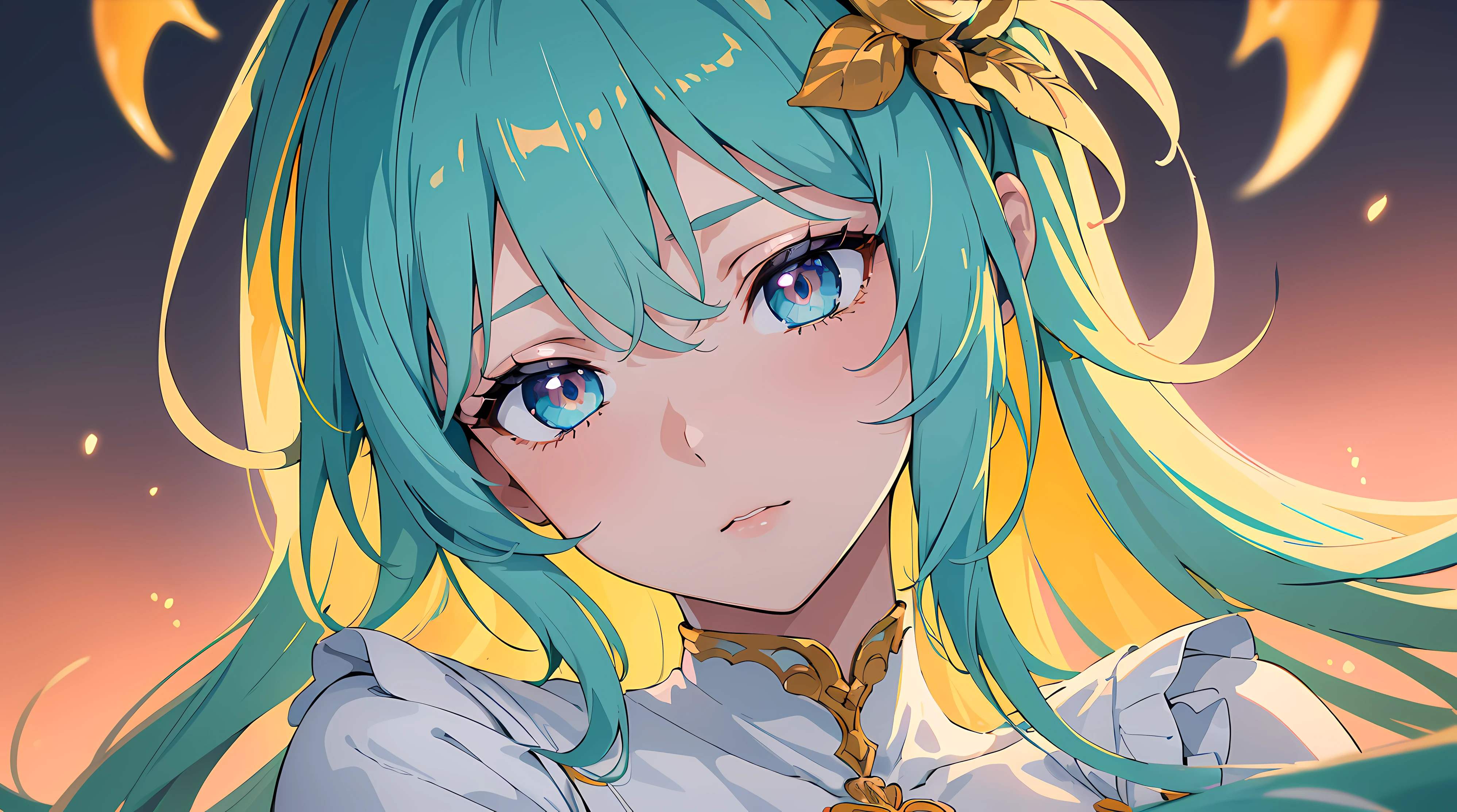 (masterpiece. best quality.) ultra-detailed. glistening shiny. glowing light.HDR. deph of field.(perfect face. detailed face, detailed eyes). Yuzu, Versace baroque, girl, transcendental, beautiful eyes, aqua hair, bokeh, (cinematic, dark orange and white film), (muted colors, dim colors, soothing tones:1.3)