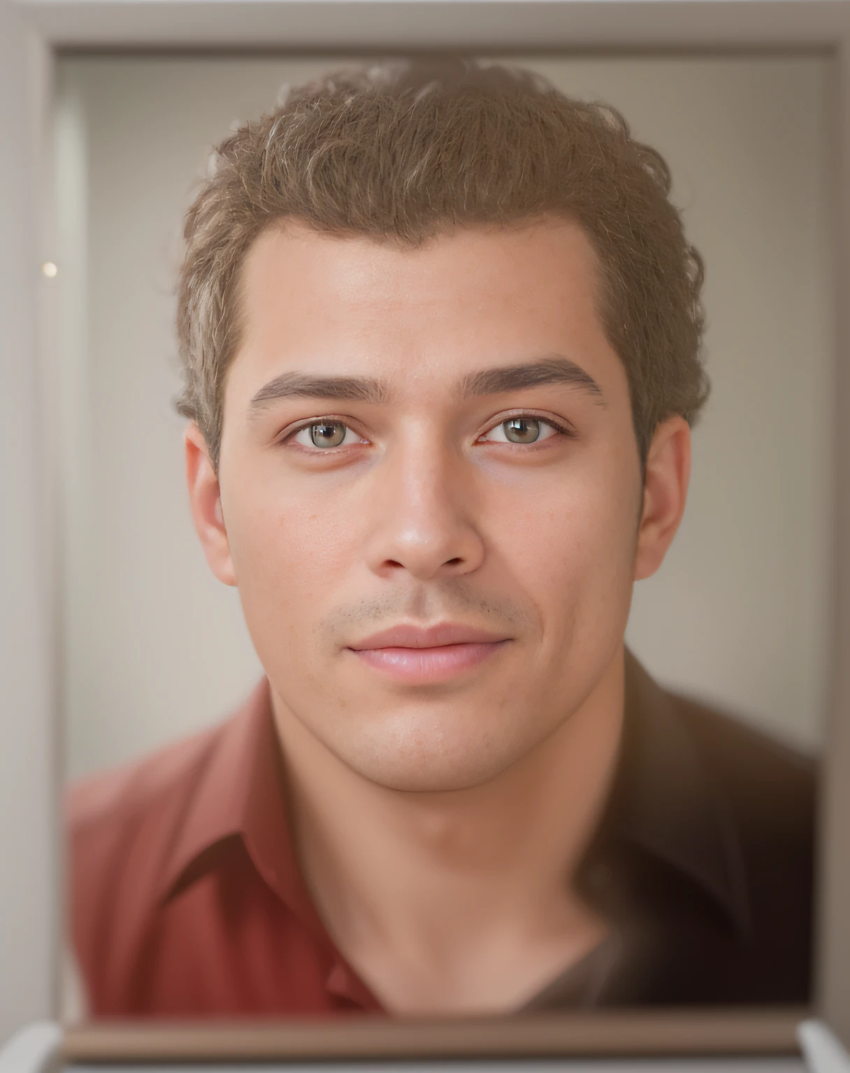mexican, american latin, dark curly hair, black hair, brown shirt, detail shirt, 8k, high detail, ultra realistic, arafed man looking at himself in a mirror with a red shirt, highly detailed vfx portrait of, nft portrait, highly detailed vfx portrait, realistic self portrait, realistic human face, ai self portrait, human realistic face, creepy uncanny valley, realistic portrait photo, photo-realistic face, human face realistic, realistically rendered face, photorealistic face