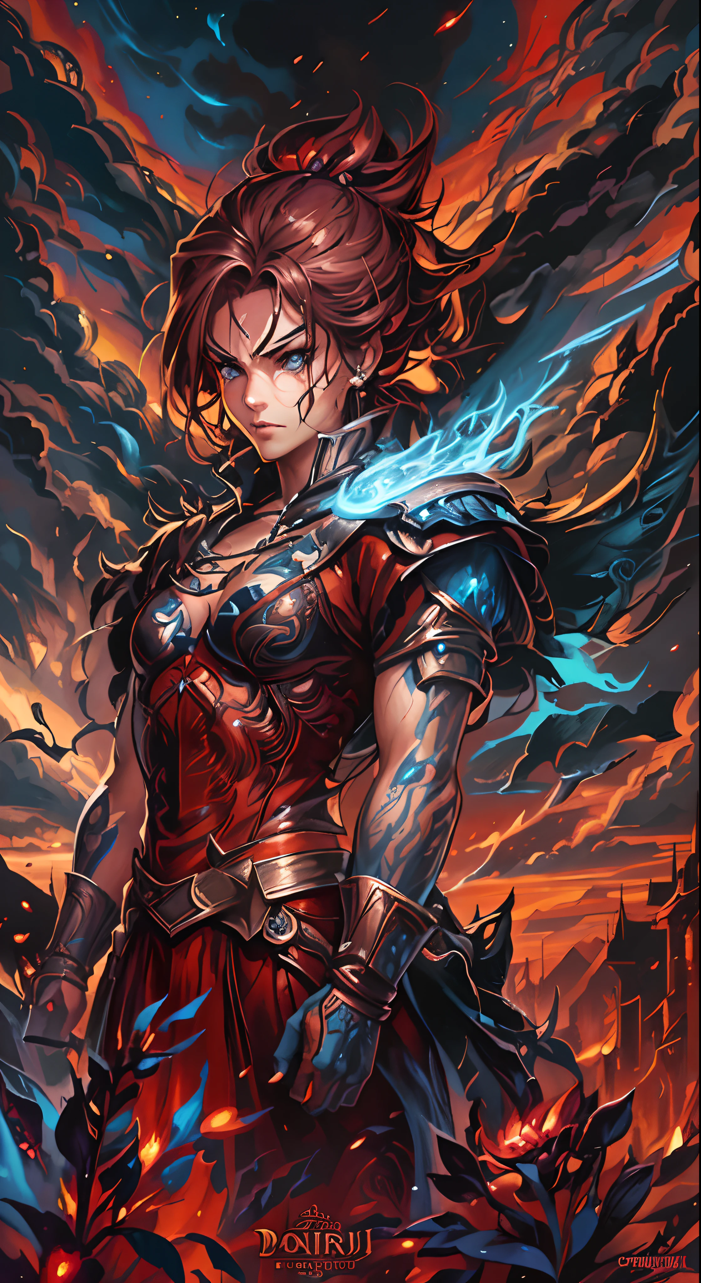 a close up of a poster of a woman with a sword, epic fantasy digital art style, epic fantasy art style, in the style dan mumford artwork, fractal thunder dan mumford, epic fantasy style art, detailed digital 2d fantasy art, dan mumford tom bagshaw, handsome guy in demon slayer art, epic fantasy art style hd, in the art style of dan mumford