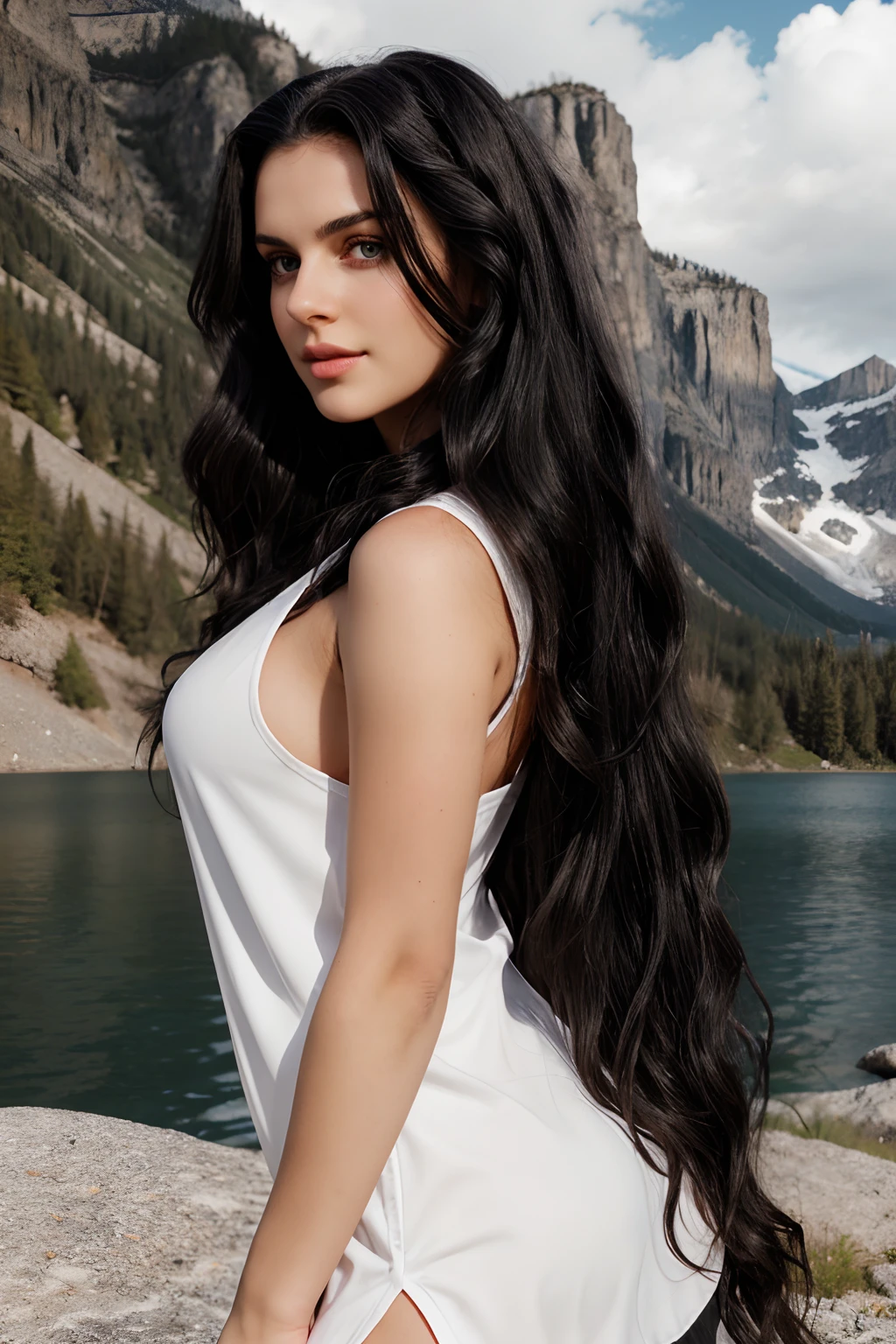 Alawed woman with long black hair and blue eyes posing for a photo, Thin, shiny long black hair, long wavy dark hair, wavy hair combed to one side, girl with dark brown hair, Beautiful model, wonderful dark hair, gorgeous young model, Black wavy hair, Wavy black hair, wavy long black hair, Young woman with long black hair, hiking, setting in nature, Beautiful mountain peaks, mountain lake, Backpack, Realistic, Sharp features, Gilet blanc, Medium breasts, vivaciousness