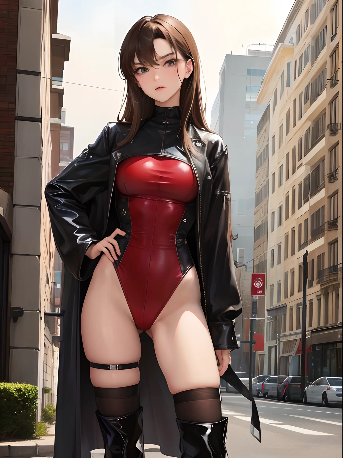 (highest resolution, distinct_image) Best quality, female, solo, masterpiece, highly detailed, semi-realistic, brown hair, grey eyes, bangs, 18 years old, young, tall strong, black and red leotard, deserted building background, cold, serious, tall, handsome, dictatorial, powerful, exquisite facial features, exquisite facial features, thigh-high boots, hands on hip, perfect hands