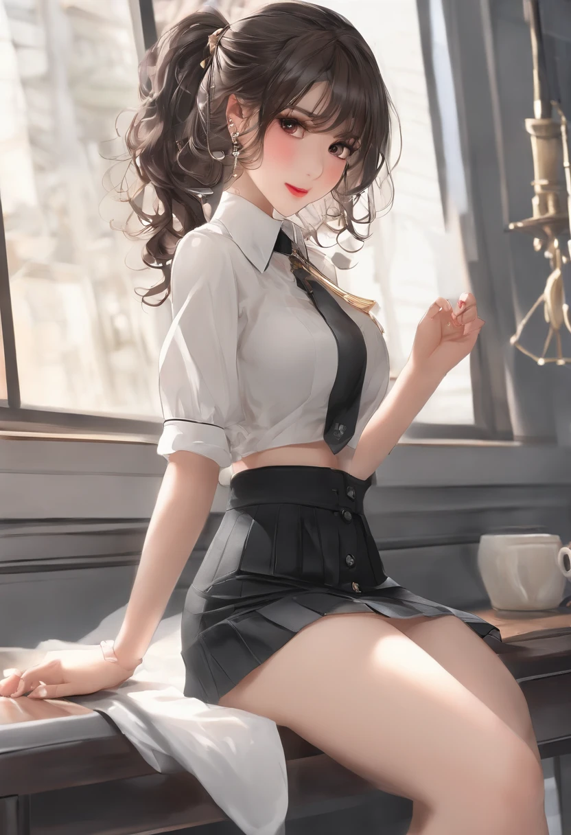 1girl, (blushing nose), (smile: 1.1), big breasts, beautiful delicate eyes, unbuttoned, (collar shirt: 1.1), bow tie, pleated skirt, (short hair: 1.2), straddling, stretched legs, slender legs, black stockings, --auto --s2