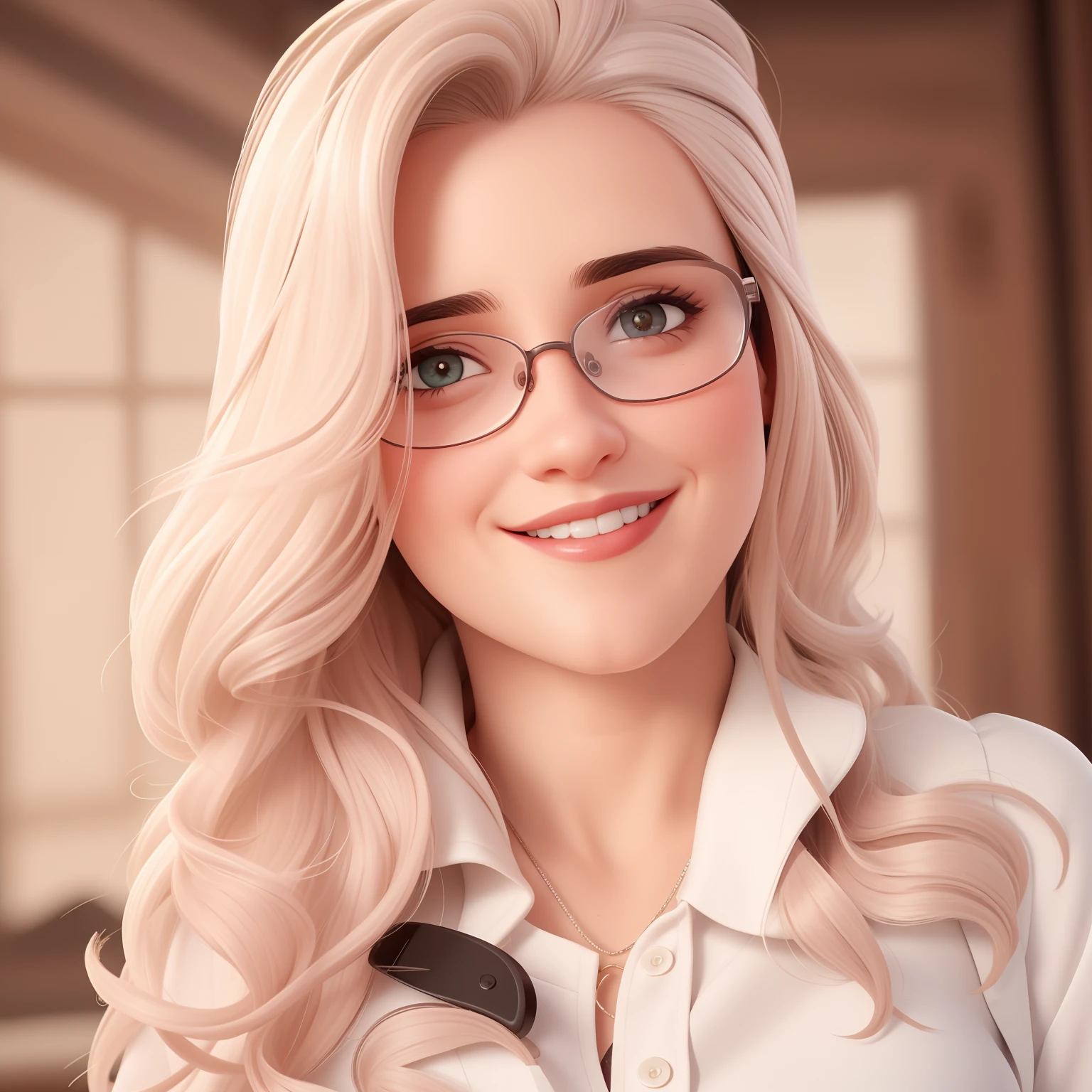 Uma mulher de 34 anos, com cabelos castanhos curtos, Rosto redondo, rosto redondo com sorriso encantador, e olhos castanhos escuros, wearing glasses.