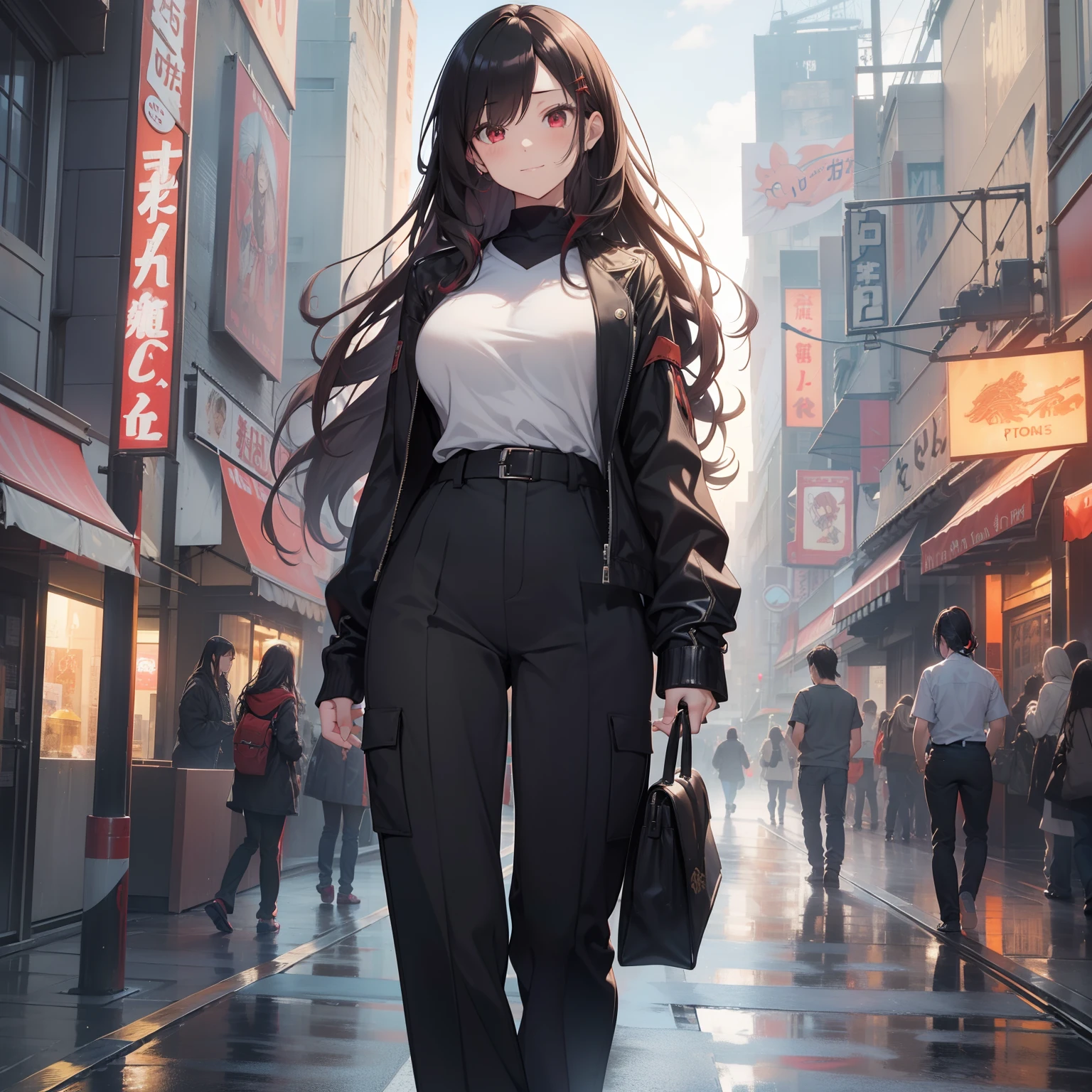 (masutepiece,Best Quality,8K),(extremely detailed CG1.1),1 girl,Smile,large boob,amusement park,(From below:1.2),Summer light,Intricate details , Hyper realistic, Perfect Anatomy,A dark-haired,Red Eyes,(((Forehead))),Permed hair with wavy hair,(((length hair))),Hair over one eye,hair slicked back,blouson,(((Standing))),Full body,Black Loose Pants,espadrilles,
