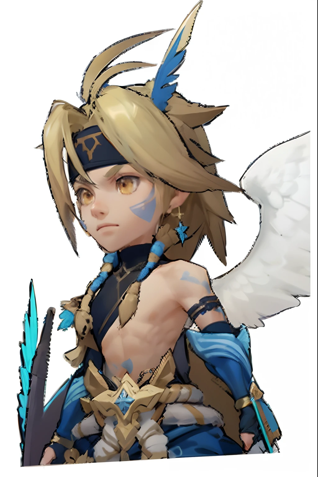 A man with a sword and wings in the game, Inca Habi boys, Young Harpy boy, lalafell, lianna, Mysterious Atlantis, jrpg character, 《Dark Clouds 2》fine art style, avian warrior, Beautiful young wind spirit, onmyoji portrait, young wan angel, art style of rune factory 5