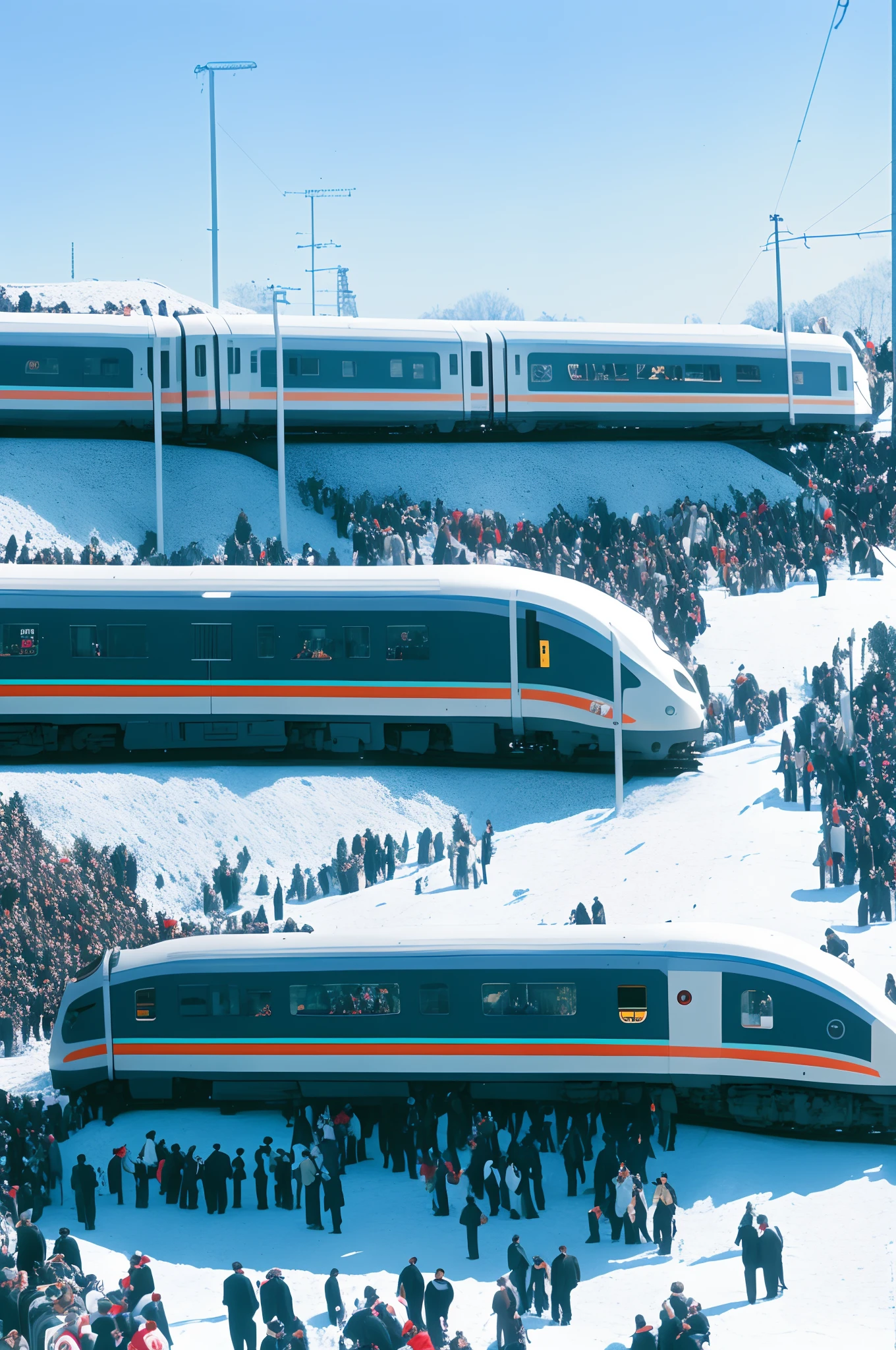 Crowds of people going up and down the train as it moves