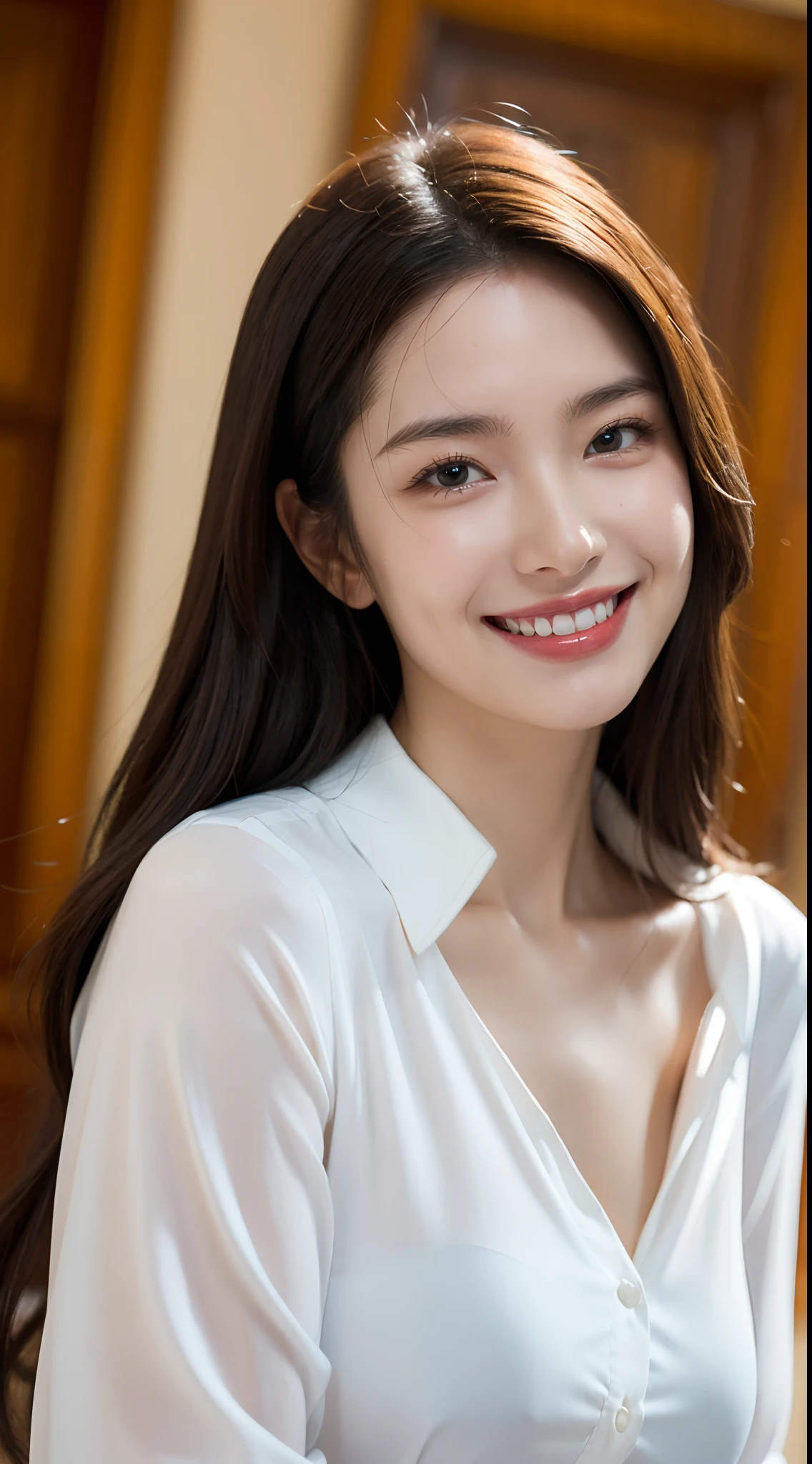 masutepiece, Best Quality, Photorealistic, Ultra-detailed, finely detail, High resolution, 8K Wallpaper, 1 beautiful woman,, light brown messy hair, in a business suit, foco nítido, Perfect dynamic composition, Beautiful detailed eyes, detailed hairs, Detailed realistic skin texture, Smiling, Close-up portrait, Model body type
