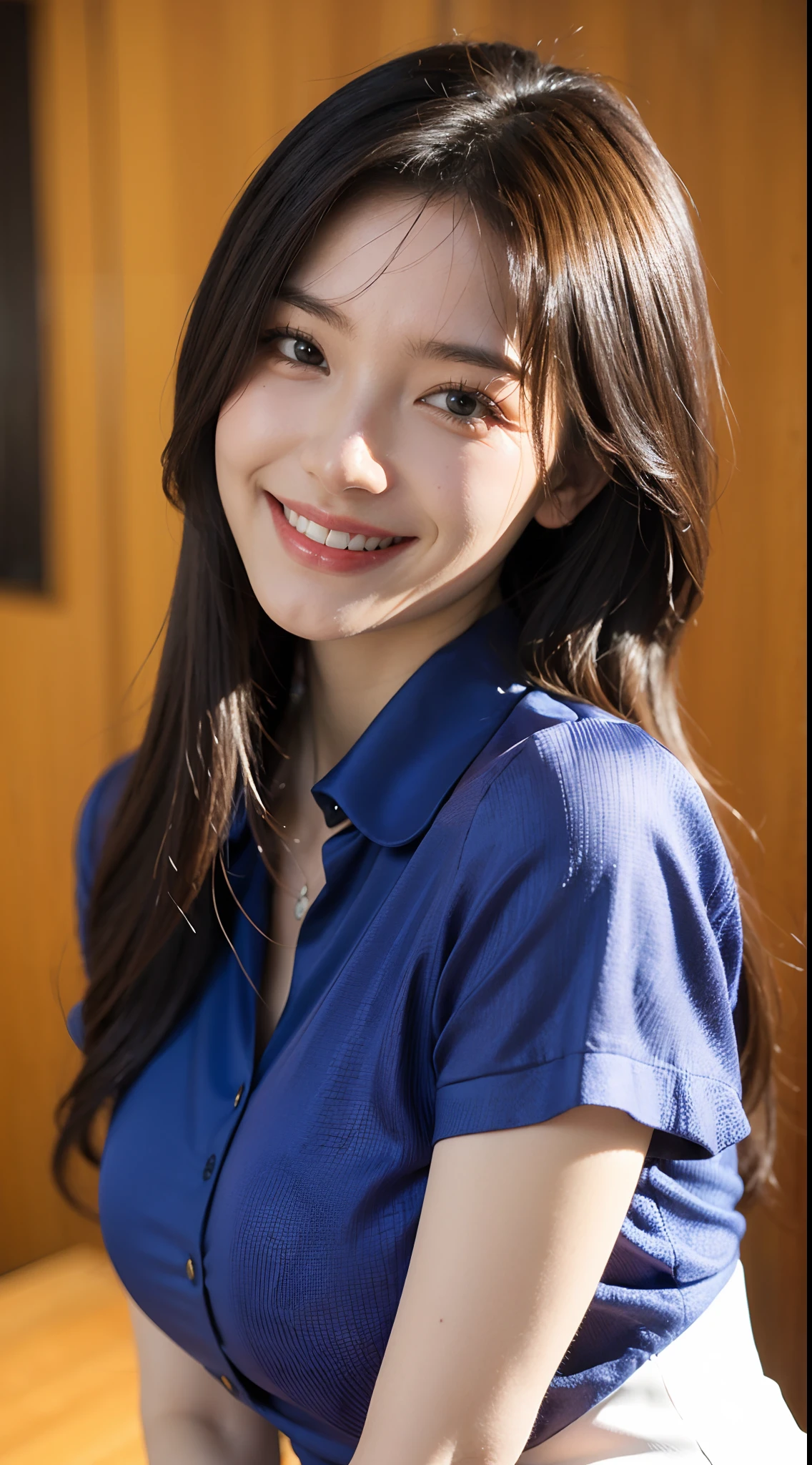 masterpiece, best quality, photorealistic, raw photo, 1girl, long hair, medium breast, collared blouse, light smile, detailed skin, pore, low key