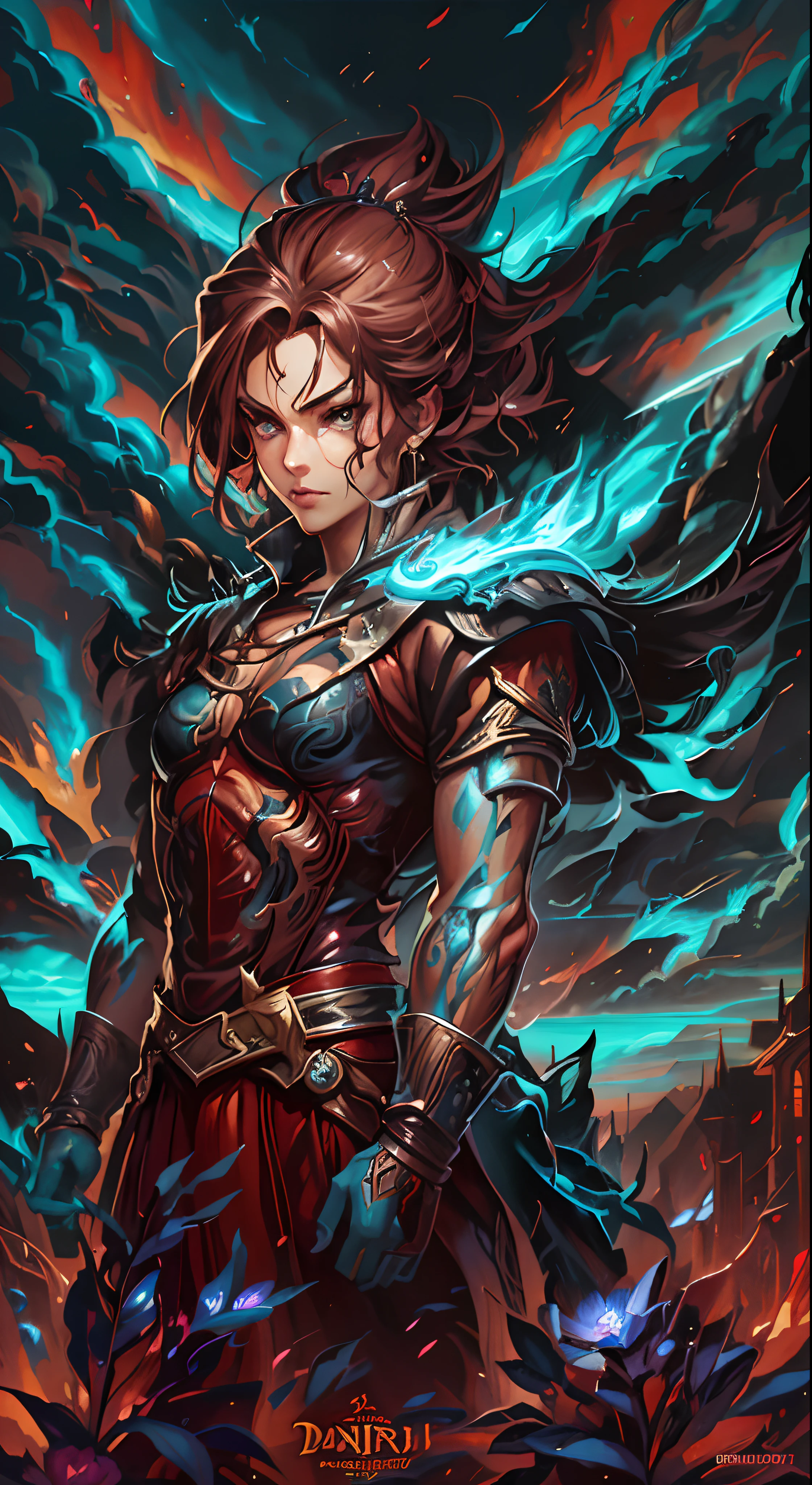 a close up of a poster of a woman with a sword, epic fantasy digital art style, epic fantasy art style, in the style dan mumford artwork, fractal thunder dan mumford, epic fantasy style art, detailed digital 2d fantasy art, dan mumford tom bagshaw, handsome guy in demon slayer art, epic fantasy art style hd, in the art style of dan mumford