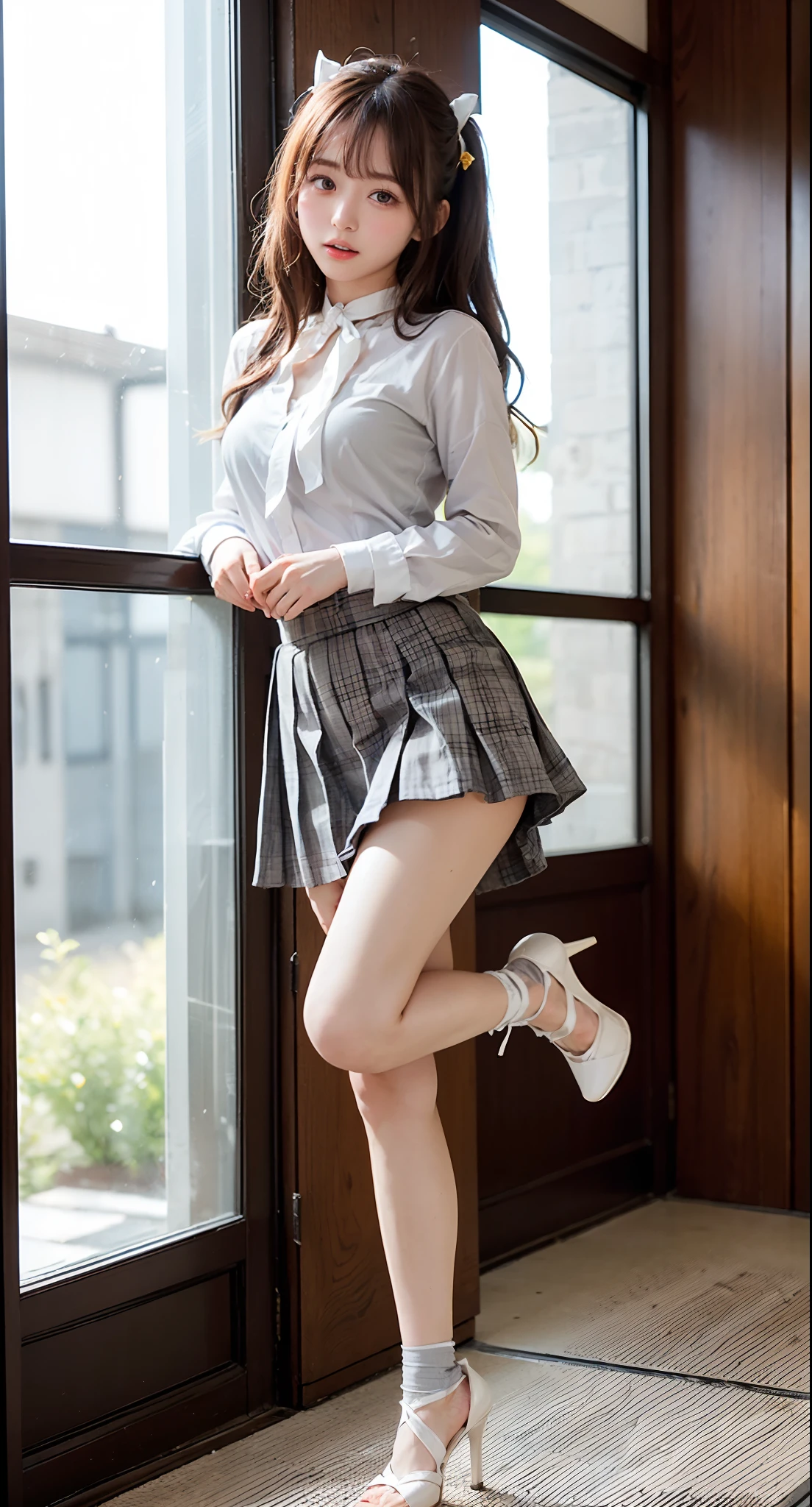 (((Kamimei、Mouth ajar))),(((((Standing on one leg、sockes、Flared skirt in light grey、Simple white blouse、high-heels))))),((In the office、In the company、In the reception room、frombelow))、masutepiece, 1girl in, best qualtiy, Ultra Detail, (shiny), (Small)、(((with blush cheeks,))),Ray tracing,Perfect Lighting, (milky skin:1.2),reflection,  up looking_で_viewer, blush, bow ribbon, yellow_Eyes, White choker, Low_Twin-tailed、Japan's cutest 28-year-old beautiful girl、Small ribbons in the hair、Contrast Legs