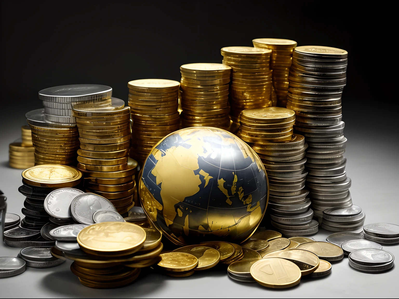 a close up of a globe surrounded by stacks of coins, gold silver, highly rendered, futuristic precious metals, gold and silver and brass, by Jakob Gauermann, worlds collide, with piles of coins around it, gold and silver, by Kurt Roesch, gold, illustrative, wallpaper - 1 0 2 4, by Dan Christensen, forshortening