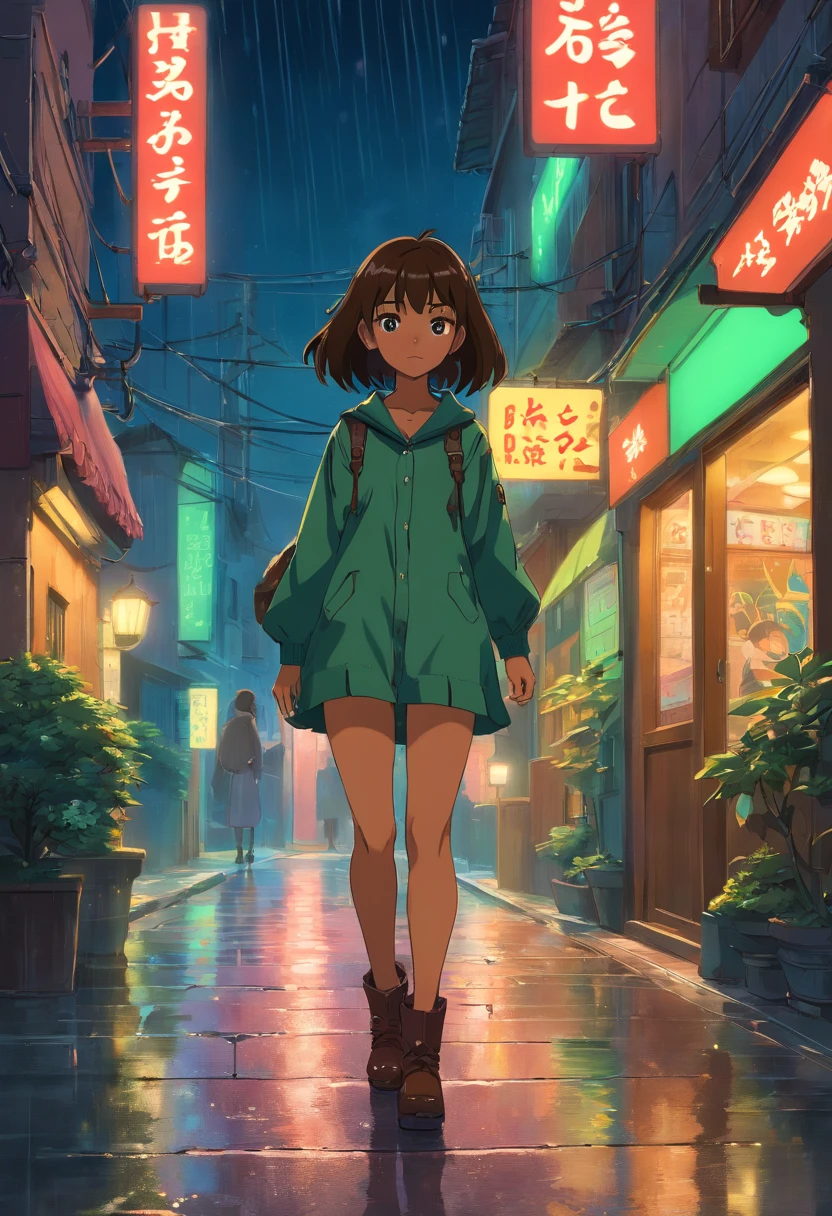 1girl, brown skin, Pelo corto y verde, brown eyes, Llevar camiseta negra sin mangas, vestido de negro_Chaqueta de cuero verde, pantalones de cuero negro, Sentado en motocicleta, Por la noche, Botas de cuero negro, Calle de la ciudad, suelo mojado por la lluvia, caer, Noche, Neon sign in the background, Beautiful, absurdos, high resolusion, ultrasharp, 8k, Obra maestra, Mirando al espectador.