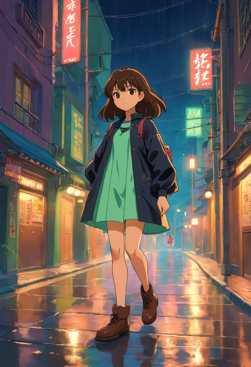 1girl, brown skin, Pelo corto y verde, brown eyes, Llevar camiseta negra sin mangas, vestido de negro_Chaqueta de cuero verde, pantalones de cuero negro, Sentado en motocicleta, Por la noche, Botas de cuero negro, Calle de la ciudad, suelo mojado por la lluvia, caer, Noche, Neon sign in the background, Beautiful, absurdos, high resolusion, ultrasharp, 8k, Obra maestra, Mirando al espectador.
