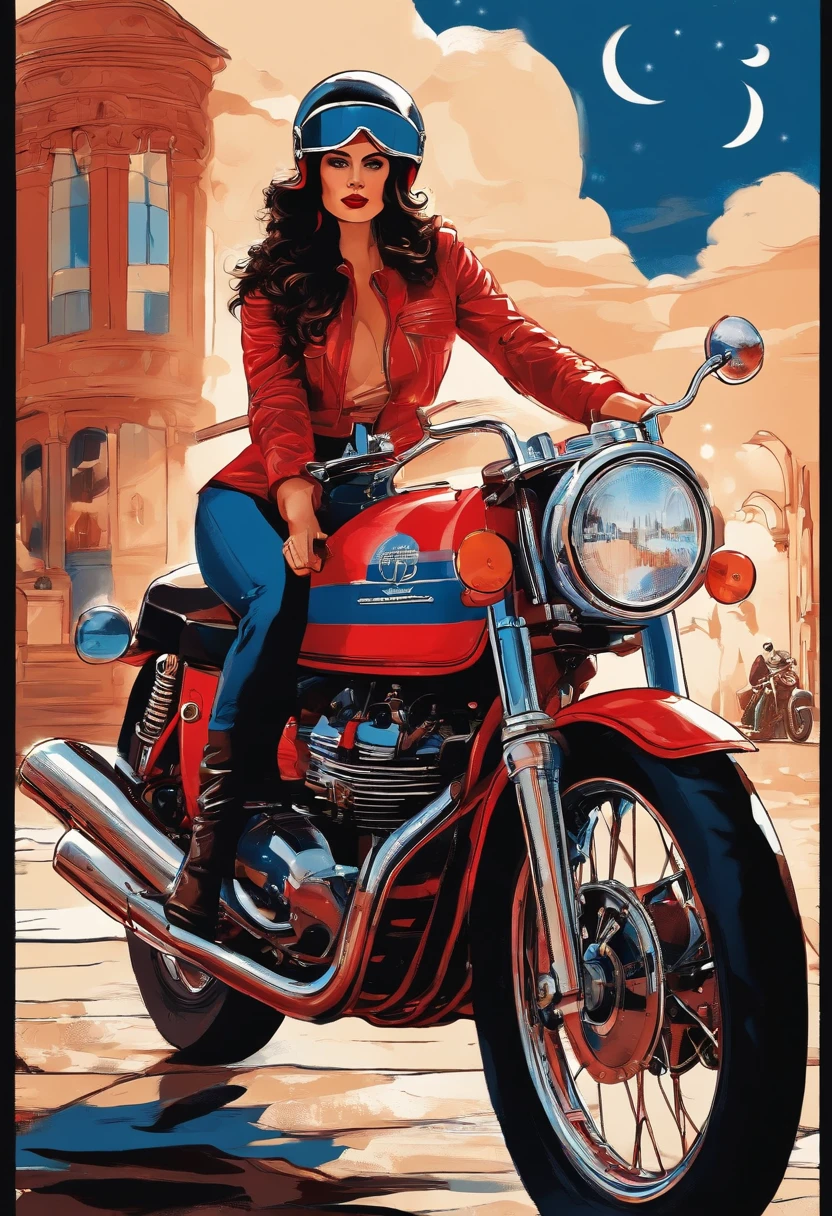 (masterpiece), (best quality), (best detail), (distant general view), (postage stamp),(main color of illustration: bright saturated red), (secondary color: lapis lazuli), a red cafe racer motorcycle driven by a woman with defiant stance, very detailed chassis, futuristic western scenery, night (many stars, moon), shading (detailed, much contrast), very saturated pulp colors