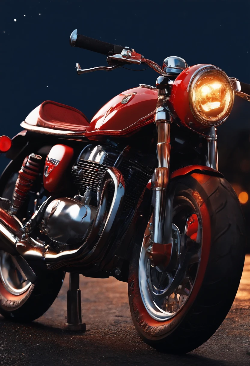 (masterpiece), (best quality), (best detail), (distant general view), (postage stamp),(main color of illustration: bright saturated red), (secondary color: lapis lazuli), a red cafe racer motorcycle driven by a woman with defiant stance, very detailed chassis, futuristic western scenery, night (many stars, moon), shading (detailed, much contrast), very saturated pulp colors