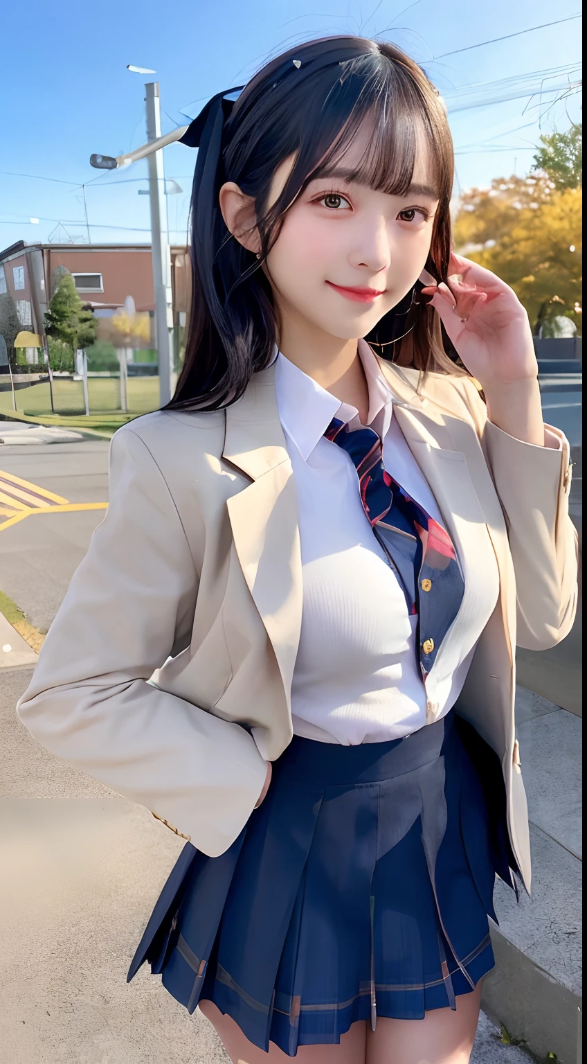 (masterpiece, best quality, ultra high res, 8k, perfect anatomy, extremely detailed),
BREAK
(1girl, cute girl, shiny body, shiny skin, middle breasts), (black hair, long hair, hairband, opal eyes),
BREAK
(school uniform, jacket), walking, cowboy shot, smile, autumn leaves