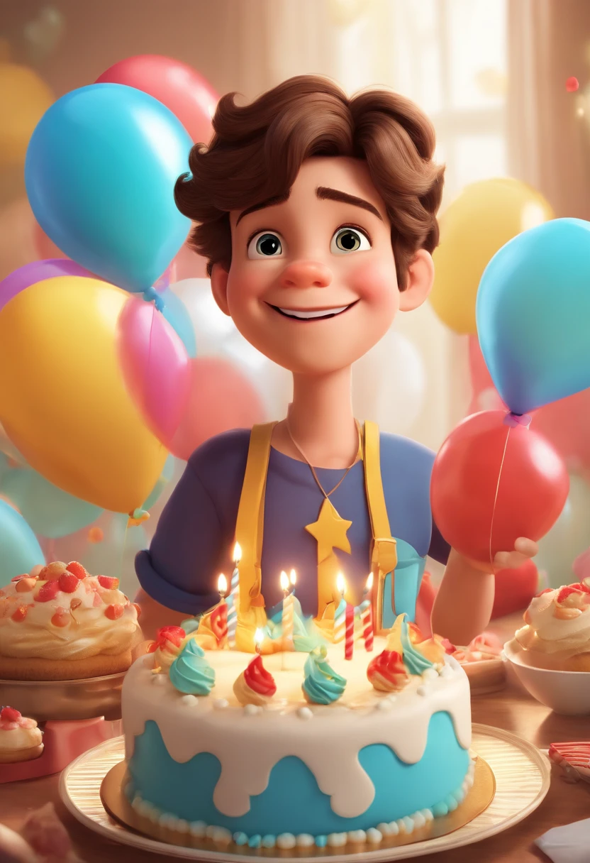 Close-up of a cartoon boy,There were balloons and cake, balloon, baloons, , Prince Boy, official render, balloons, diseny animation style, Official artwork, offcial art, an animated character, background-image, Cupcakes, happy birthay, birthday, advertisement picture, entire body image, 2 d cg, leaked image, party balloons