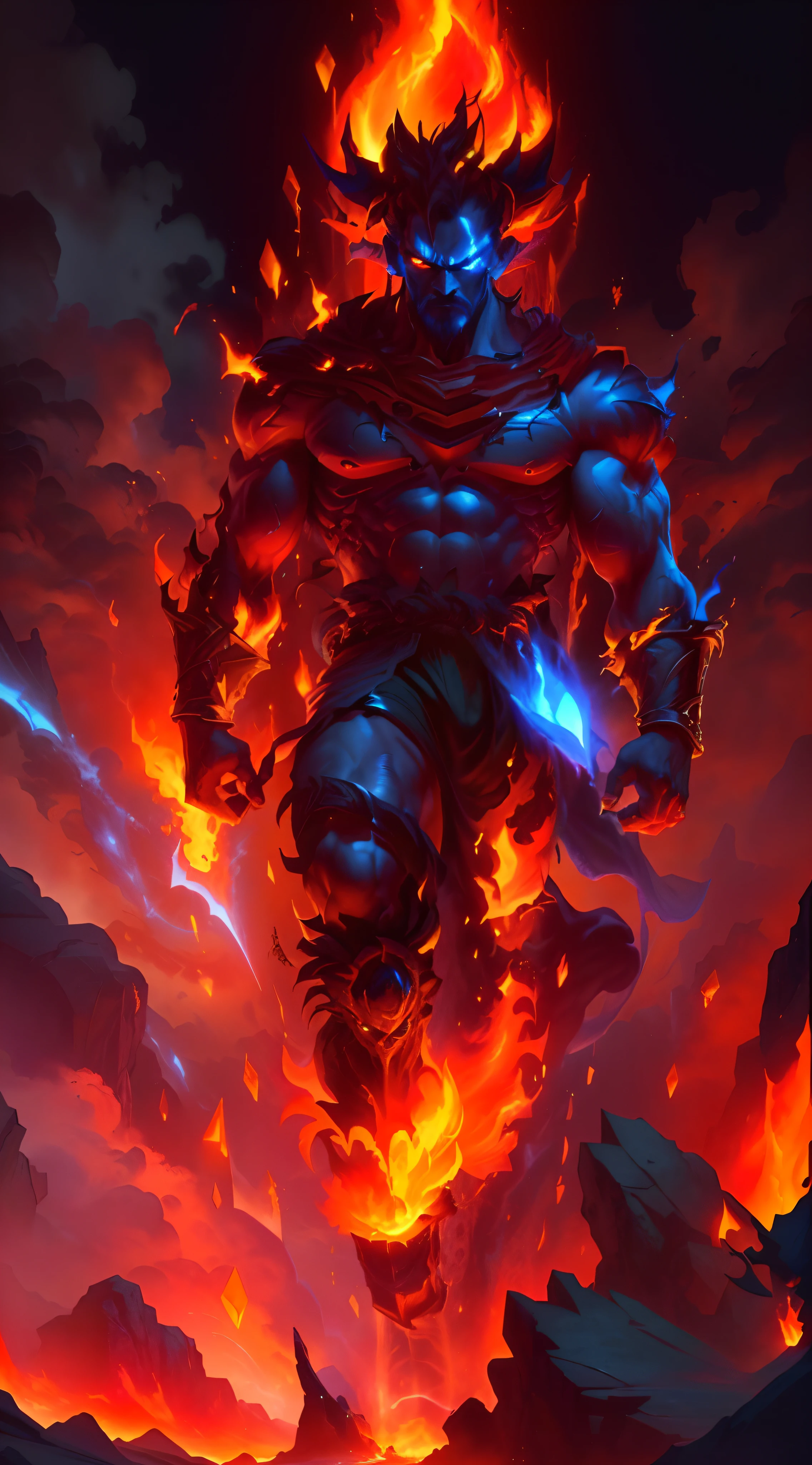 a close up of a person with a fire on their chest, muscled humanoid balrog demon, epic fantasy digital art style, epic fantasy art style, furious god zeus, epic fantasy art style hd, detailed digital 2d fantasy art, epic fantasy card game art, fire giant, epic fantasy style art, djinn man male demon, epic digital art illustration