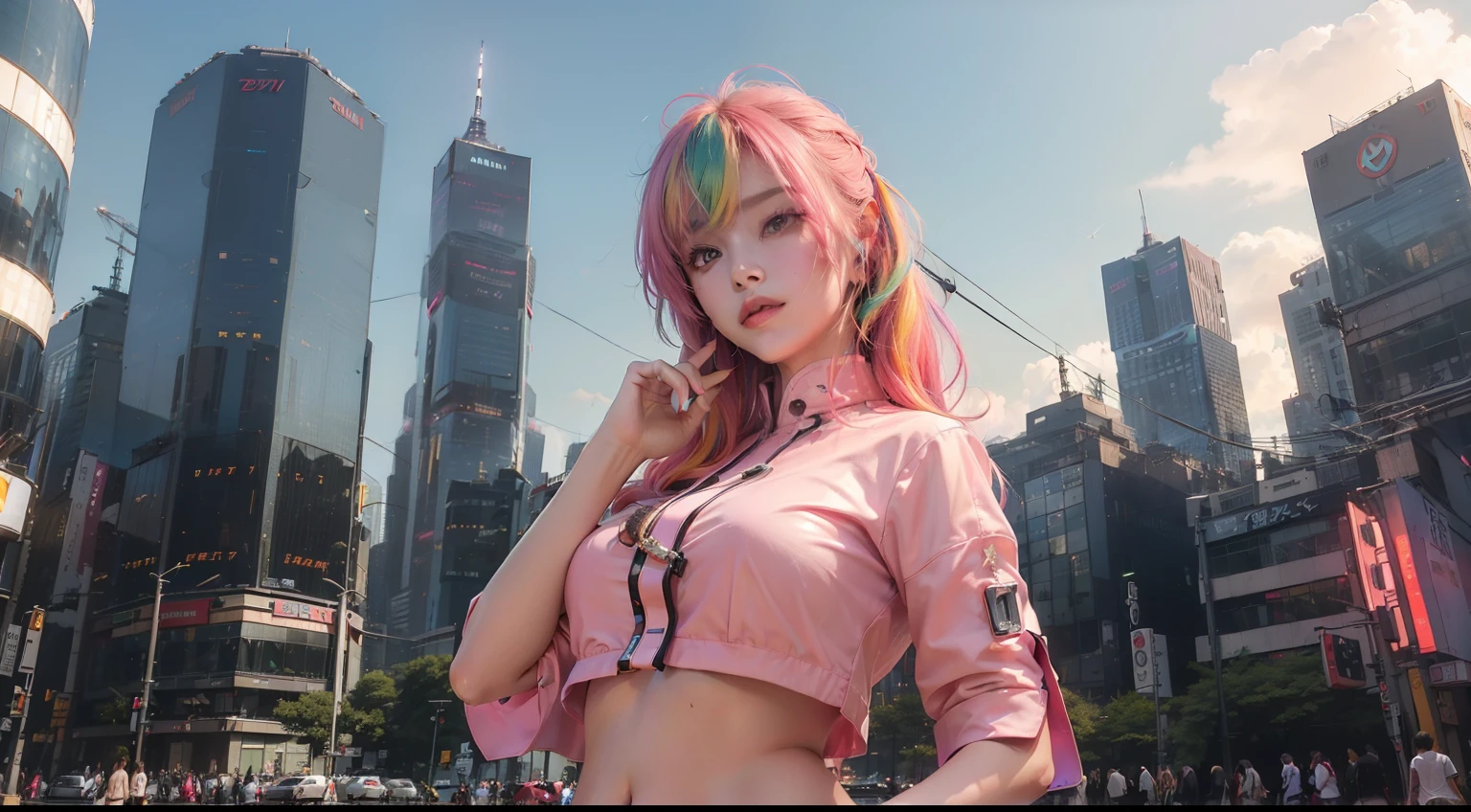 (realisitic,Photorealsitic:1.4),(1 beauty:1.3),(beautiful countenance:1.5),Detailed shiny skin,A detailed eye,Precise hands and fingers,8K HDR, , ​masterpiece, (Dynamic Angle Video),电影灯光, Finely drawn backgrounds,accurate fingers,(Cumulonimbus sky,Tokyo in the middle of summer,colorful neon,Multicolored lighting,Sci-fi cityscape,Skyscrapers:1.3),Beautiful Vietnamese,Outfit like a Calibaldi shirt,A pink-haired,Complex hairstyle,Ruins,Joy Pose,attractive navel