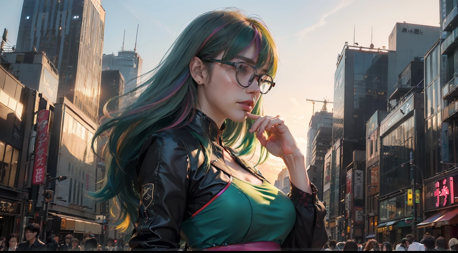 (realisitic,Photorealsitic:1.4),(1 beauty:1.3),(beautiful countenance:1.5),Detailed shiny skin,A detailed eye,Precise hands and fingers,8K HDR, , masterpiece, (Dynamic Angle Video),电影灯光, Finely drawn backgrounds,accurate fingers,(Tokyo at sunrise,colorful neon,Multicolored lighting,Sci-fi cityscape,Skyscrapers:1.3),Hollywood actress,Avant-garde clothing,Moss Green Hair,eye glasses,shopping street,Lifting the load,Composition seen from the side,