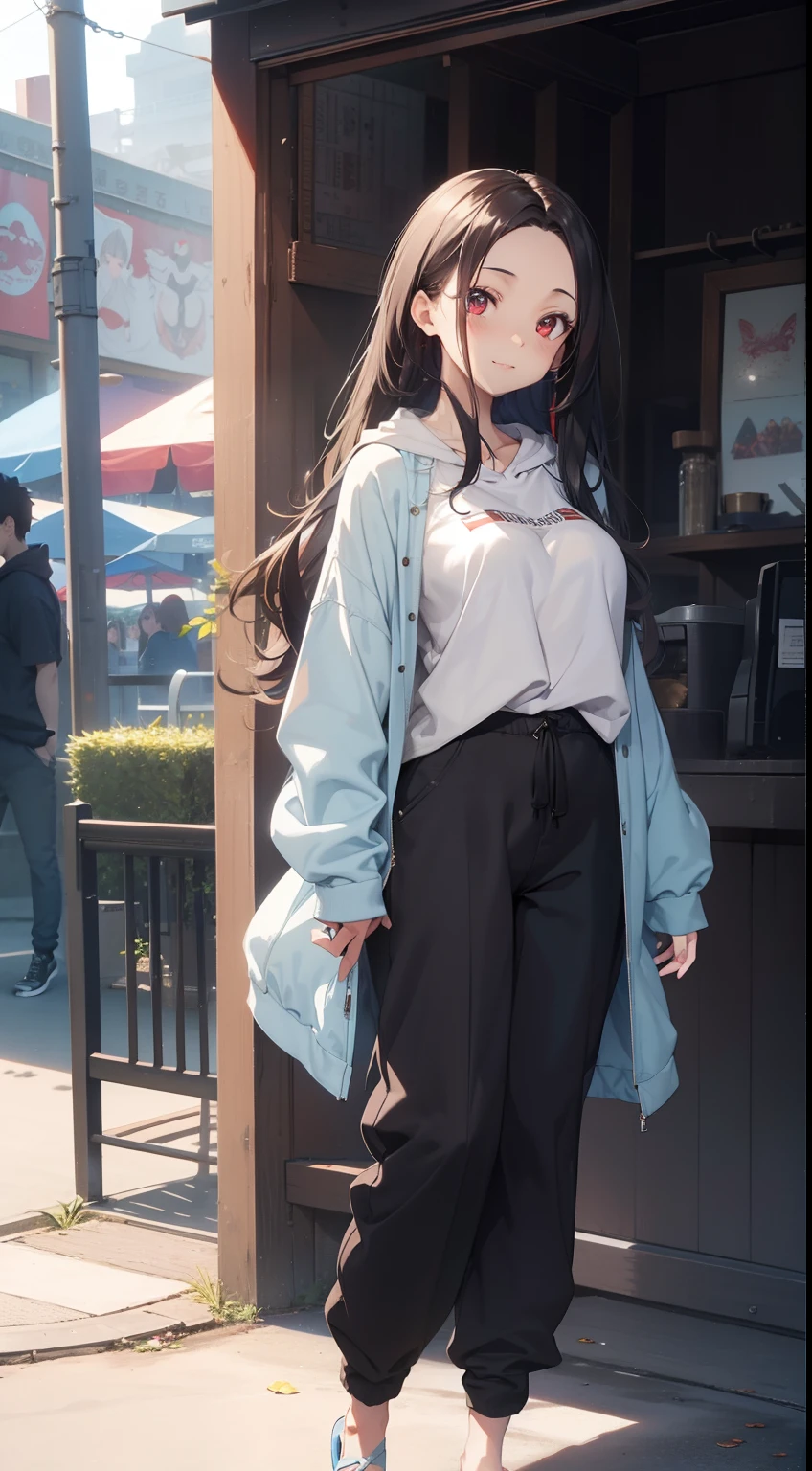 (masutepiece,Best Quality,8K),(extremely detailed CG1.1),1 girl,Smile,large boob,An amusement park,(From below:1.2),Summer light,Intricate details , Hyper realistic, Perfect ???????,A dark-haired,Red Eyes,(((Forehead))),Permed hair with wavy hair,(((length hair))),Hair over one eye,hair slicked back,Light blue hoodie,Standing,Full body,Black Loose Pants,espadrilles,