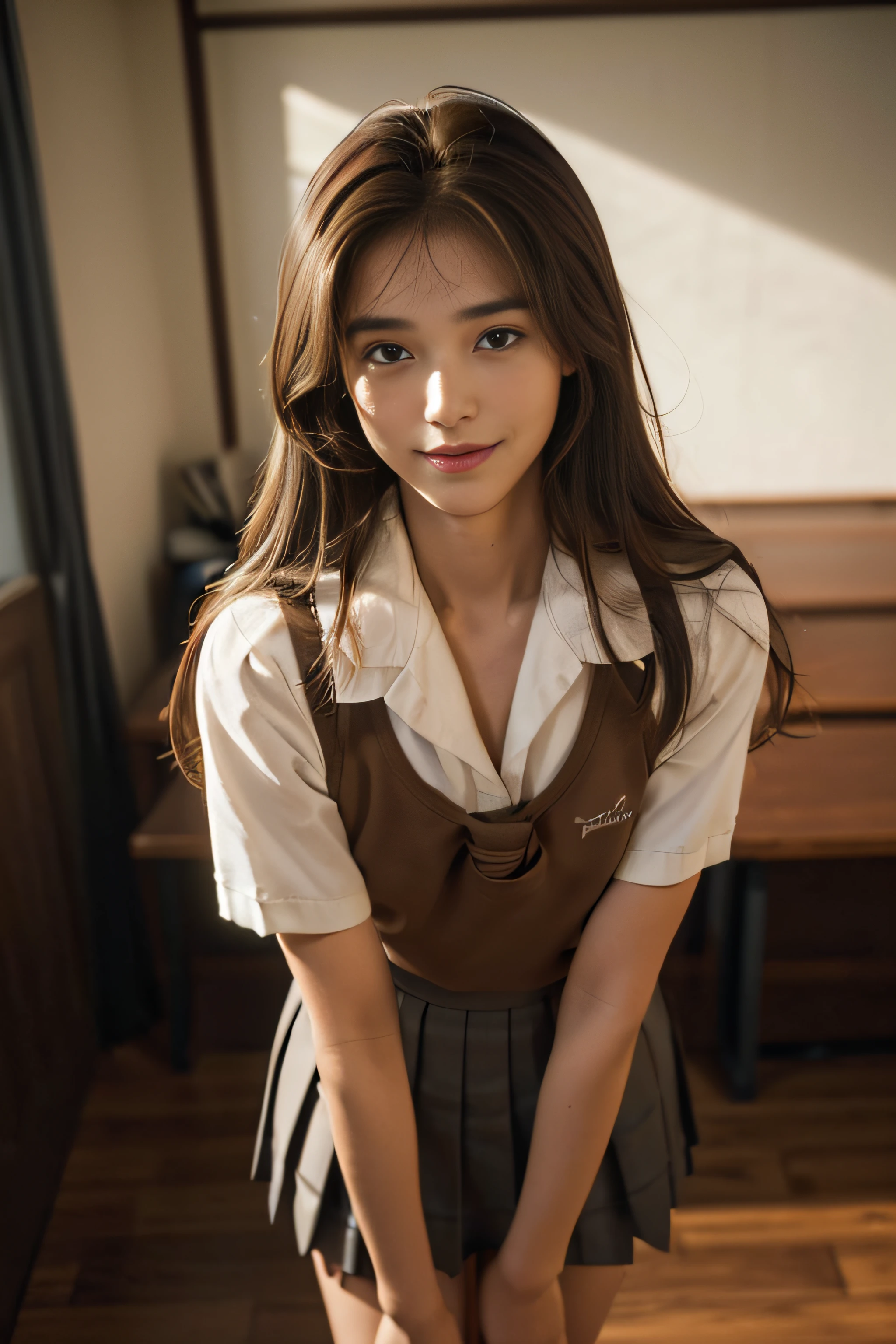 ((beautiful a girl:1.3))((School Uniforms:1.4))((Brown sailor suit:1.2))((Ribbon is blue:1.2))((The skirt is also brown and has a short pleated skirt:1.2))((pantyshot:1.3))((highschool)),(((Brown-colored super long hair:1.2))),((Hair is waist-length:1.2)),((in class room:1.3)) ((Thin_fabric:1.4)) ((Random sexy poses:1.3)) ((full of sweat:1.5))((with a flushed face:1.4)) ((Medium chest same:1.4)) ((close-up:1.2)) Best Quality,masutepiece,超A high resolution,(Photorealistic:1.4),Raw photo,(Authentic skin texture:1.3),(Film grain:1.3),the panorama,Character Portrait,Very Wide Shot,Narrow waist,Cowboy Shot,(In the Dark, deepshadow, lowkey, cold light,) Night,(()),Streaming Tears,,Dust,Tindall Effect,(expression),1girl in,beautiful detailed eyes and face,White Jabot,Brown eyes,((Brown hair:1.2)) ((Full body:1.3)) ((Smile:1.3))