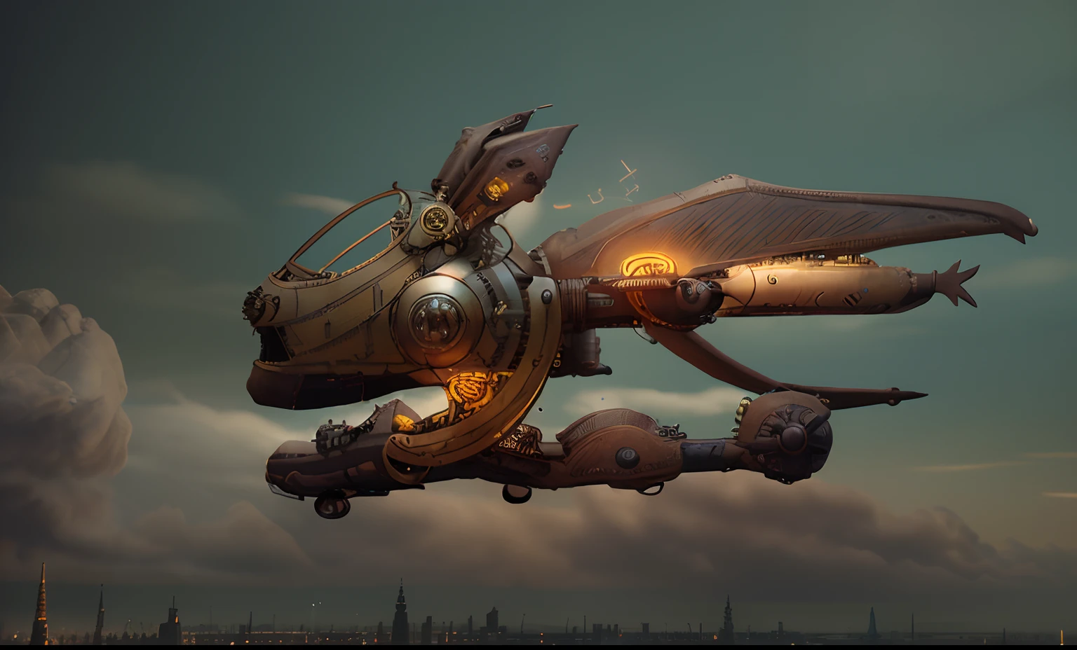 A steampunk-style airship，With the aesthetics of cyberpunk lighting，3D rendering with a mix of steampunk and cyberpunk design elements，The perfect blend of antique and futuristic technology，Decorated with brass gears and neon signs，It embodies the visual impact of two eras，A harmony of retro and high-tech aesthetics，Flying masterpieces，A richly detailed concept of steampunk and cyberpunk fusion， Adventure in a visually engaging world