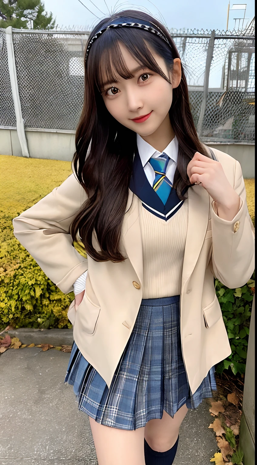 (masterpiece, best quality, ultra high res, 8k, perfect anatomy, extremely detailed),
BREAK
(1girl, cute girl, shiny body, shiny skin, middle breasts), (black hair, long hair, hairband, opal eyes),
BREAK
(school uniform, jacket), walking, cowboy shot, smile, autumn leaves