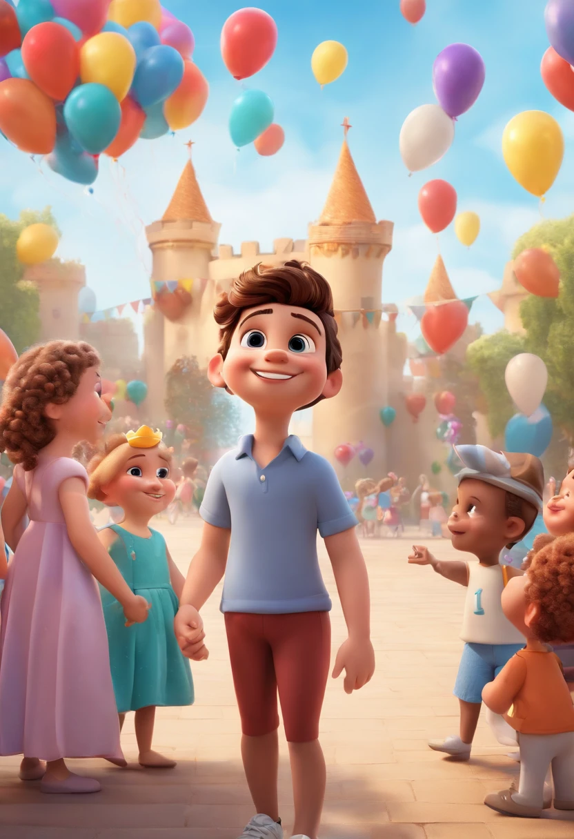 Close-up of a cartoon boy，There were balloons and cake, balloon, baloons, , Prince Boy, with a crown on her head，official render, balloons, diseny animation style, Official artwork, offcial art, an animated character, background-image, advertisement picture, entire body image, 2 d cg, leaked image, party balloons