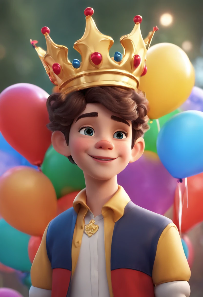 Close-up of a cartoon boy,There were balloons and cake, balloon, baloons, , Prince Boy, with a crown on her head,official render, balloons, diseny animation style, Official artwork, offcial art, an animated character, background-image, advertisement picture, entire body image, 2 d cg, leaked image, party balloons