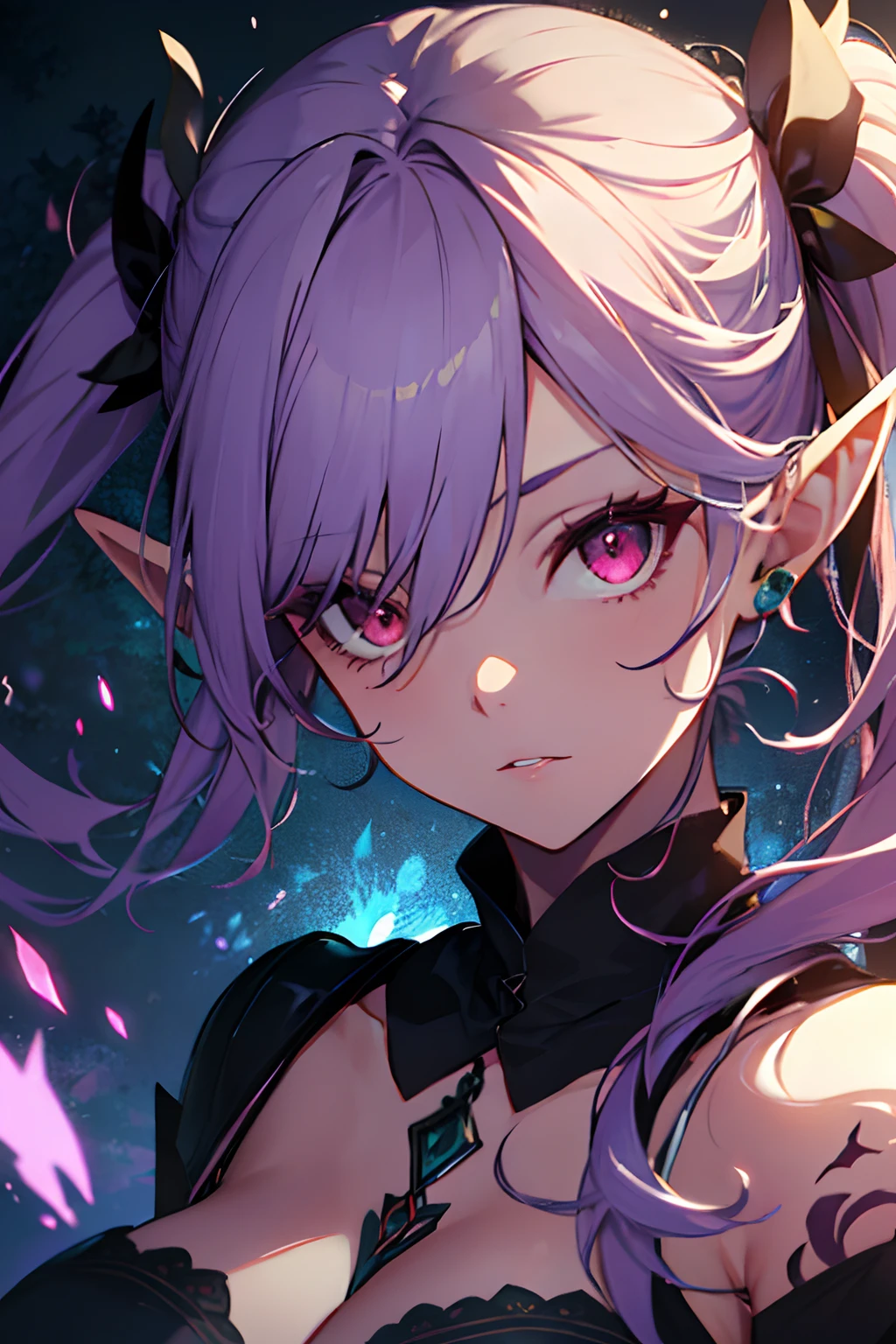 With purple hair and red eyes,beautiful as a fairy,A melancholy expression that stirs affection,side face,floating hair,light particles,glare,vivid,fancy,dreamlike,a dim atomshpere,detailed face, 4k, Y2K clothing, purple twin tails, massive tits, , idol, masterpiece for eyes, long lashes, juicy lips, highlights in eyes, elf ears, tattoos, ((red eyes))