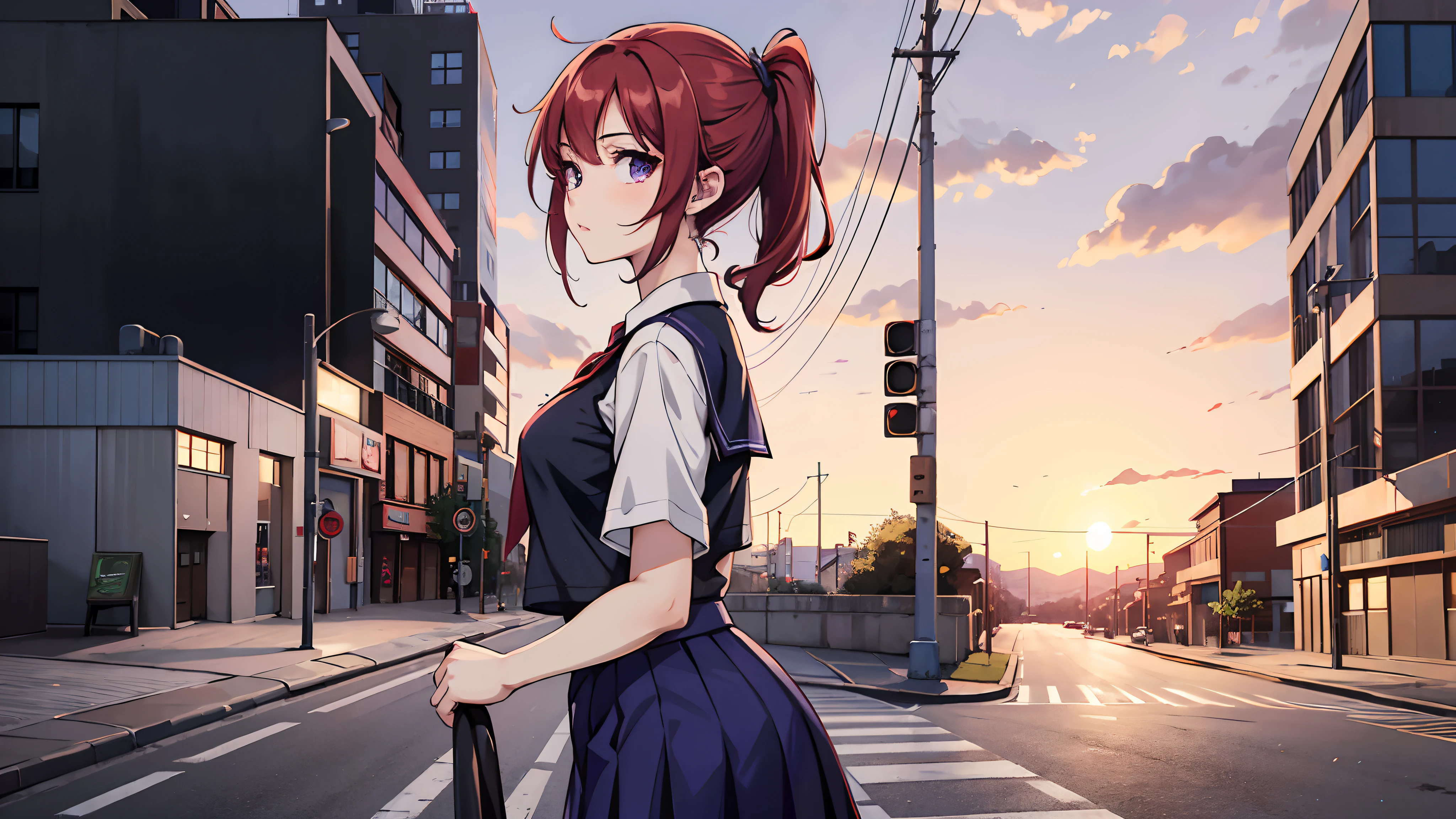 1girl, short flame red hair, ponytail, purple eyes, blue school uniform, black skirt, night, street, looking at viewer