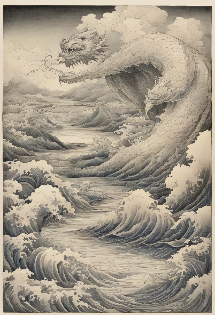 line-drawing、hokusai style,  ukiyoe painting,、Dragon paintings、Raging、Artistically、Rough skies、storm clouds　Unryū