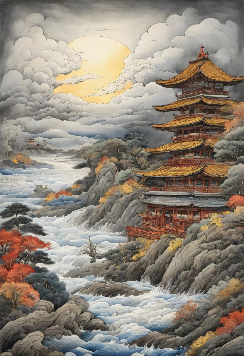 line-drawing、hokusai style,  ukiyoe painting,、Dragon paintings、Raging、Artistically、Rough skies、storm clouds　Unryū