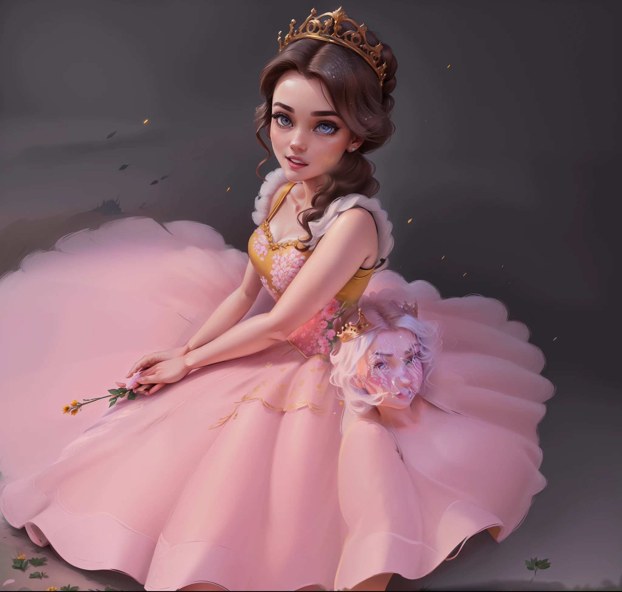 (BelleWaifu:1), surprised, cute, cute pose, looking at viewer, thick thighs, (yellow dress:1.2), (hair bun, tiara) :D, curvy, (holding a red rose:1),

(realistic:1.2), (realism), (masterpiece:1.2), (best quality), (ultra detailed), (8k, 4k, intricate),(full-body-shot:1),(Cowboy-shot:1.2), (85mm),light particles, lighting, (highly detailed:1.2),(detailed face:1.2), (gradients), sfw, colorful,(detailed eyes:1.2),

(detailed ladscape, garden, plants, castle:1.2),(detailed background),detailed landscape, (dynamic angle:1.2), (dynamic pose:1.2), (rule of third_composition:1.3), (Line of action:1.2), wide shot, daylight, solo,