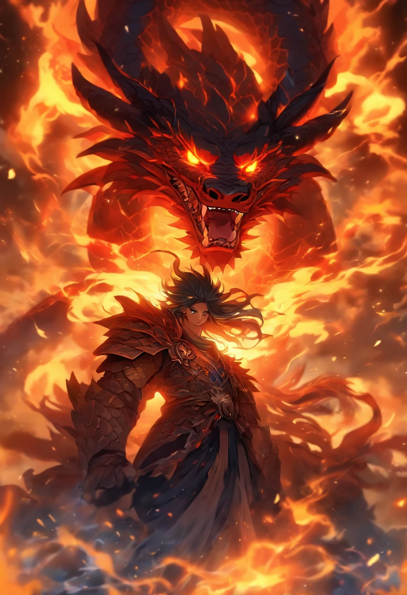 A handsome man with long red hair and red eyes, like a king of dragons in a dark castle of black rocks, dark colors, he is wearing clothes of a dark and elegant king, like an attractive villain with a seductive smile and a sexy seductive look, is the villain of an RPG is wearing dark medieval clothes; Use dark shades The image has to portray the essence of a villain in clothes of: dragon the essence of fire she is inspired by volcanoes her dark essence through a medieval RPG art Conceptual Game Art rpg medieval art art illustration rpg he is young and beautiful a villain with an impressive beauty like that of a seductive vampire a villain smile with a gentle look