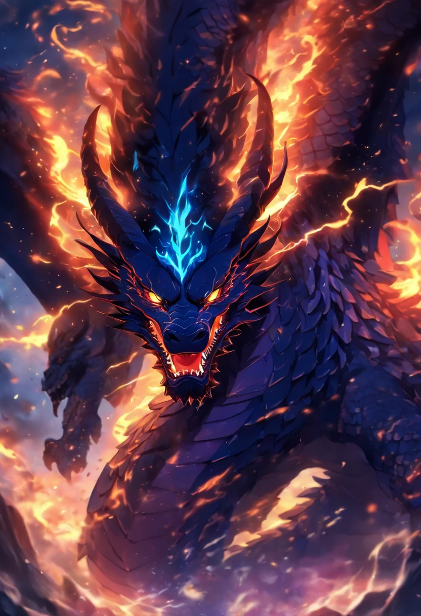 Dragon made of pure fire turned slightly to the right, made of pure fire, facing slightly to the right, close up, red dragon, dragon extremely close to the viewer, open mouth, wide open fire mouth