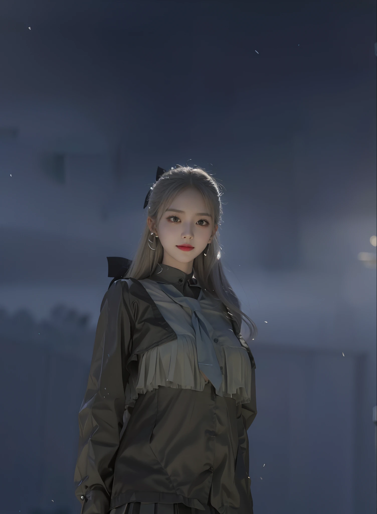 Gray eyes, Korean school uniform, summer school uniform shirt, ribbon tie, skirt, bright blonde, school stairs, going down school stairs, chest thrusting pose, chest bragging pose, 8k raw photo, high resolution, cool Korean at 16 years old, very big round breasts, beautiful eyes in detail, long eyelashes, beautiful double eyelids, eyeshadow, eyeliner, slender eyes, elongated eye shape, Sanpaku eyes, evil smile, evil look, beautiful very thin legs, beautiful very thin thighs, random medium hair, hair tied behind the head, earrings,