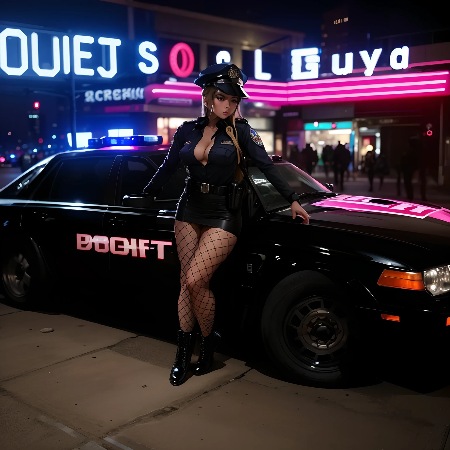 Sexy policewoman in uniform, pantyhouse, Standing in the city at night, Rear Police Car, detailing