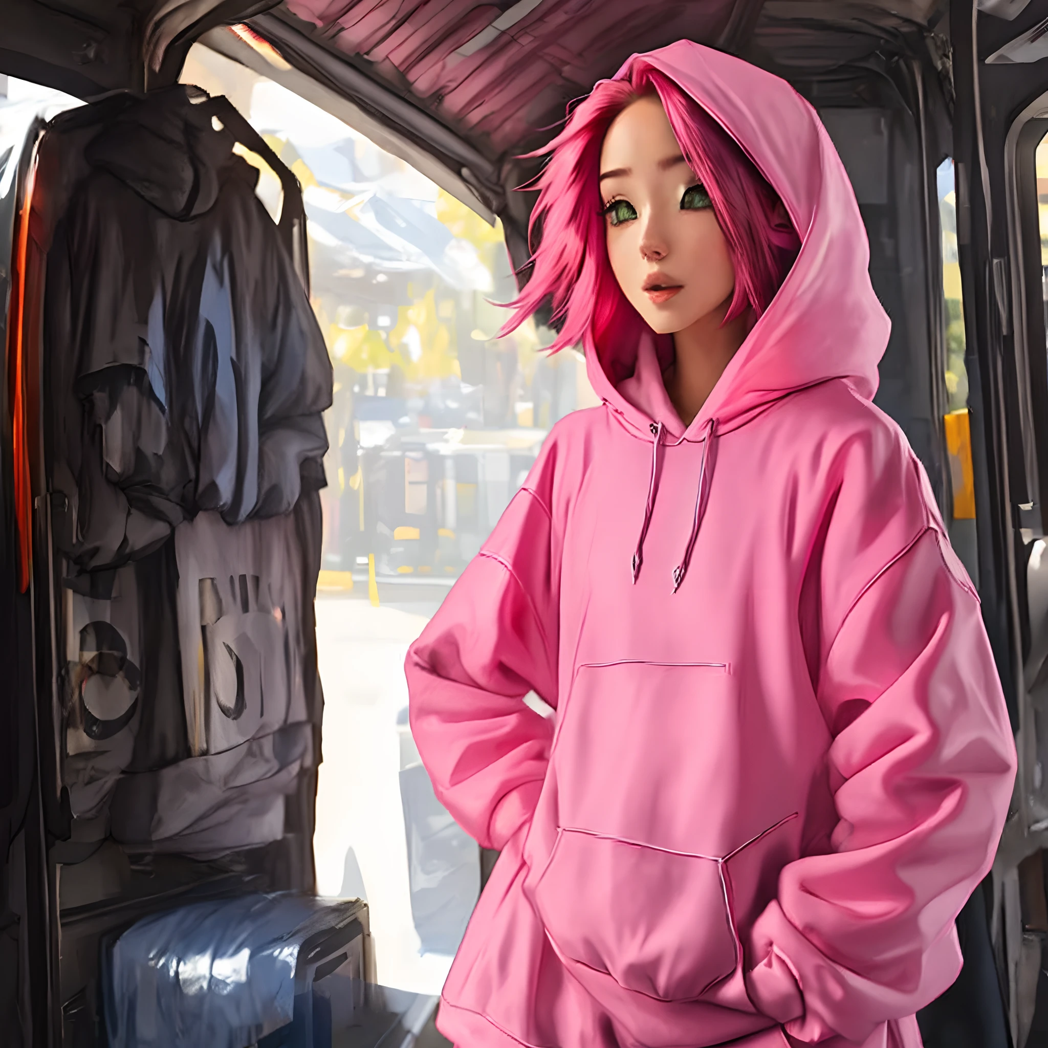 Woman with pink hair and short hair in a pink hoodie