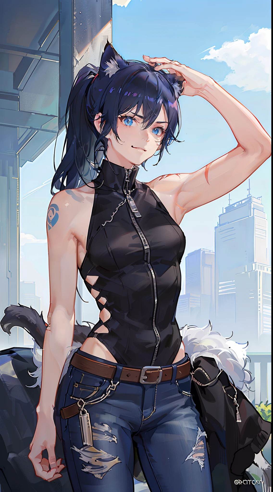 Grown-up guy, Short black hair with blue strands, high ponytail, cat ears, blue eyes, musculature, smirk, black tank top, Jeans, fetters, Silver elements, tattoo, Scars, Blue Flame, zipper, Masterpiece, hiquality, 4k, HD, Good detail