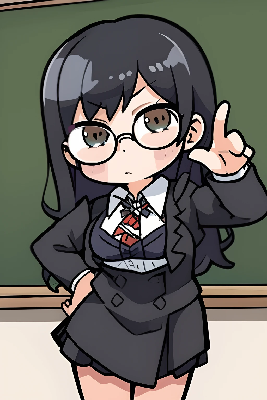 Masterpiece, Best quality, offcial art, Ultra detailed, tchibi, 1girll，Big breasts teacher，wearing black rimmed glasses，serious，There is a blackboard on the back，Wear a teacher's uniform，Sticker style